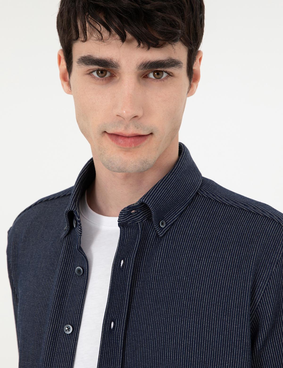 Lacivert Çizgili Regular Fit Uzun Kollu Gömlek - 50293947005