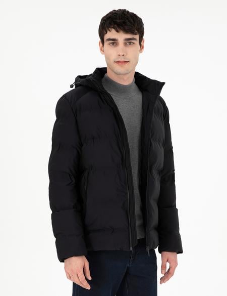 Siyah Kapüşonlu Basic Şişme Mont - 50292680035