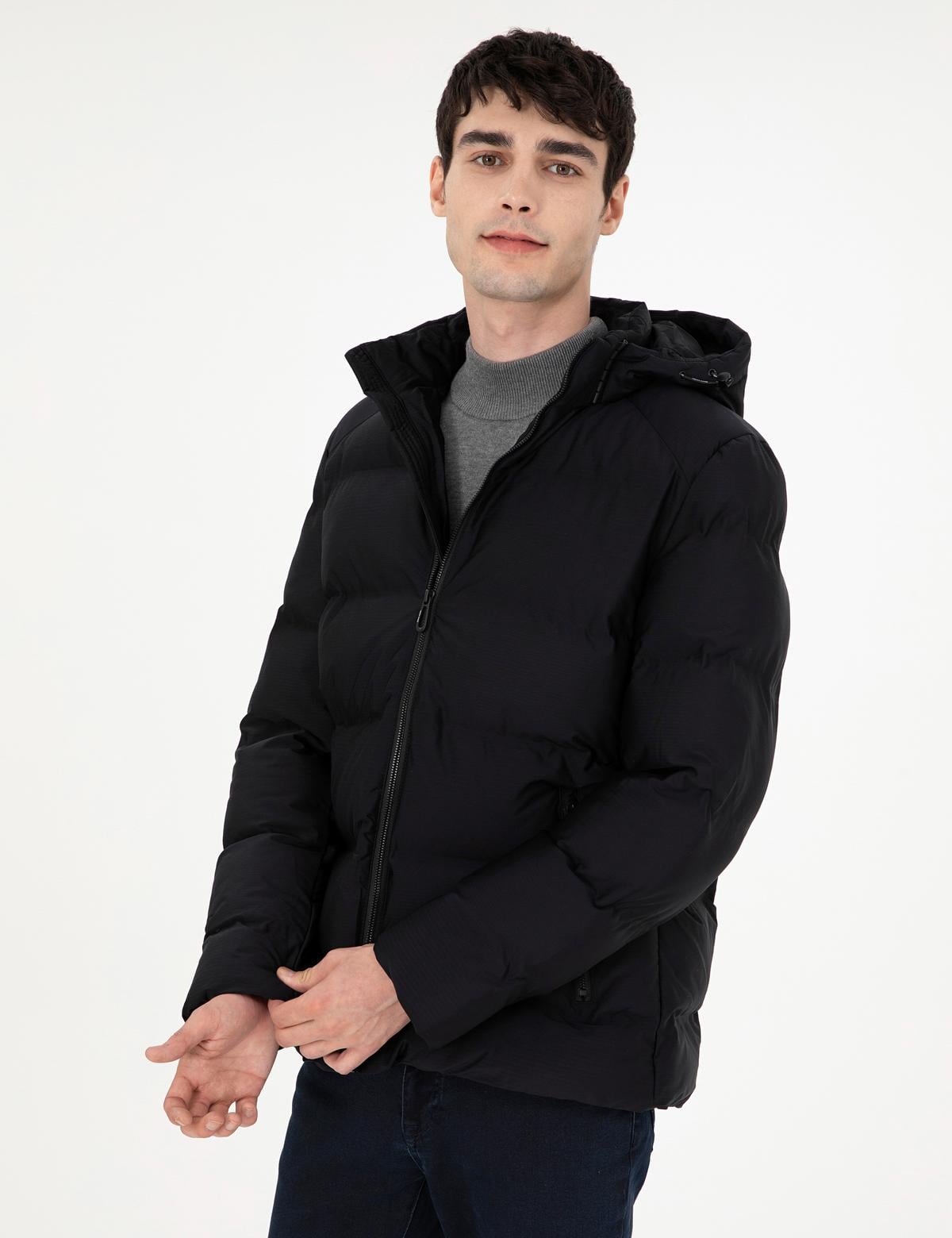 Siyah Kapüşonlu Basic Şişme Mont - 50292680035