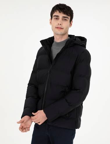 Siyah Kapüşonlu Basic Şişme Mont