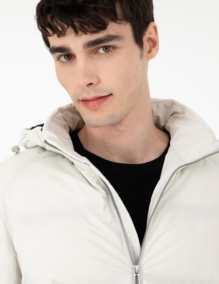 Açık Gri Kapüşonlu Basic Şişme Mont