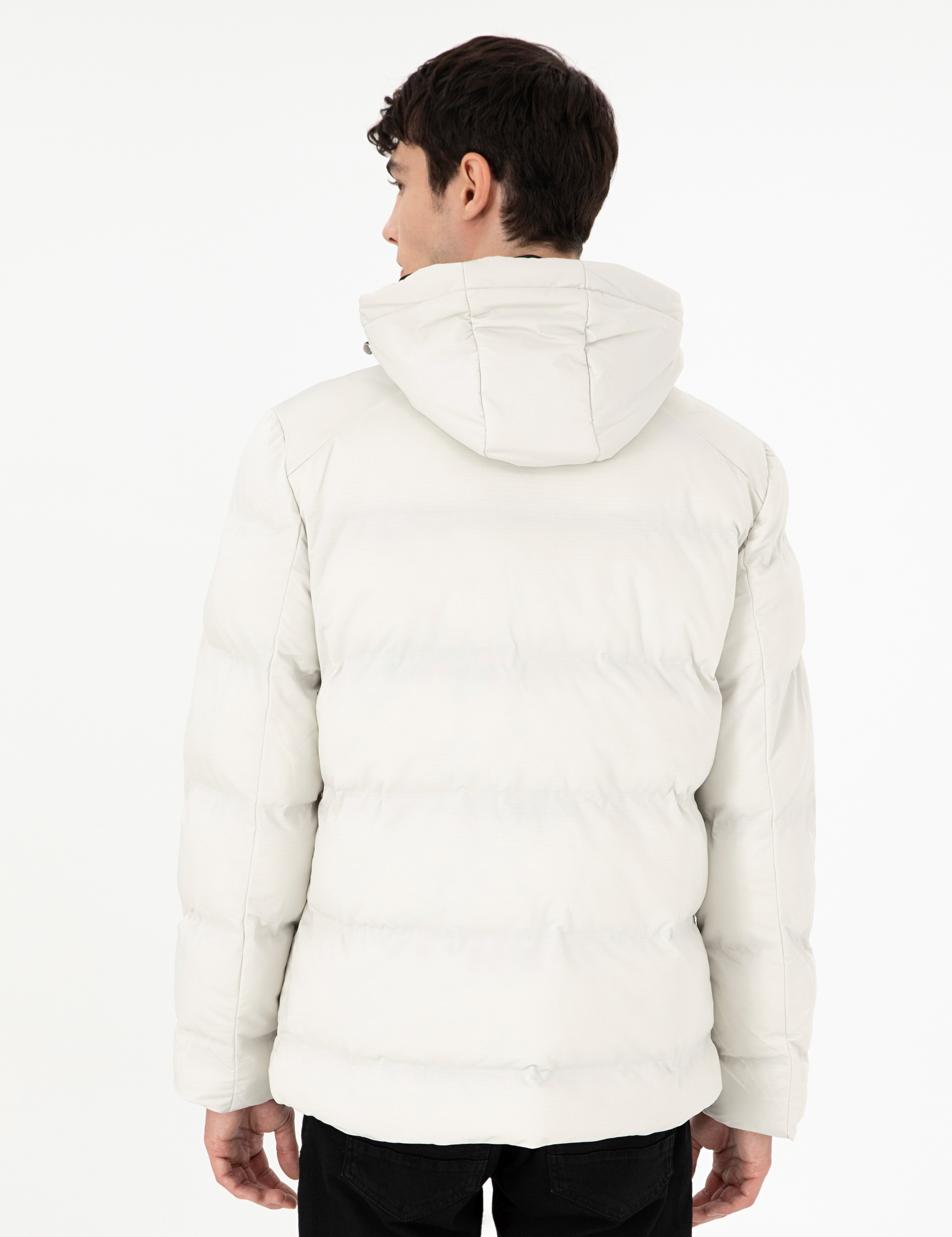 Açık Gri Kapüşonlu Basic Şişme Mont - Image 5