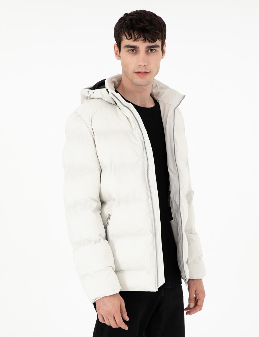 Açık Gri Kapüşonlu Basic Şişme Mont