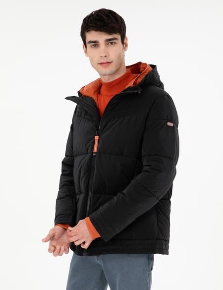 Siyah Kapüşonlu Dolgulu Mont - 50292905024