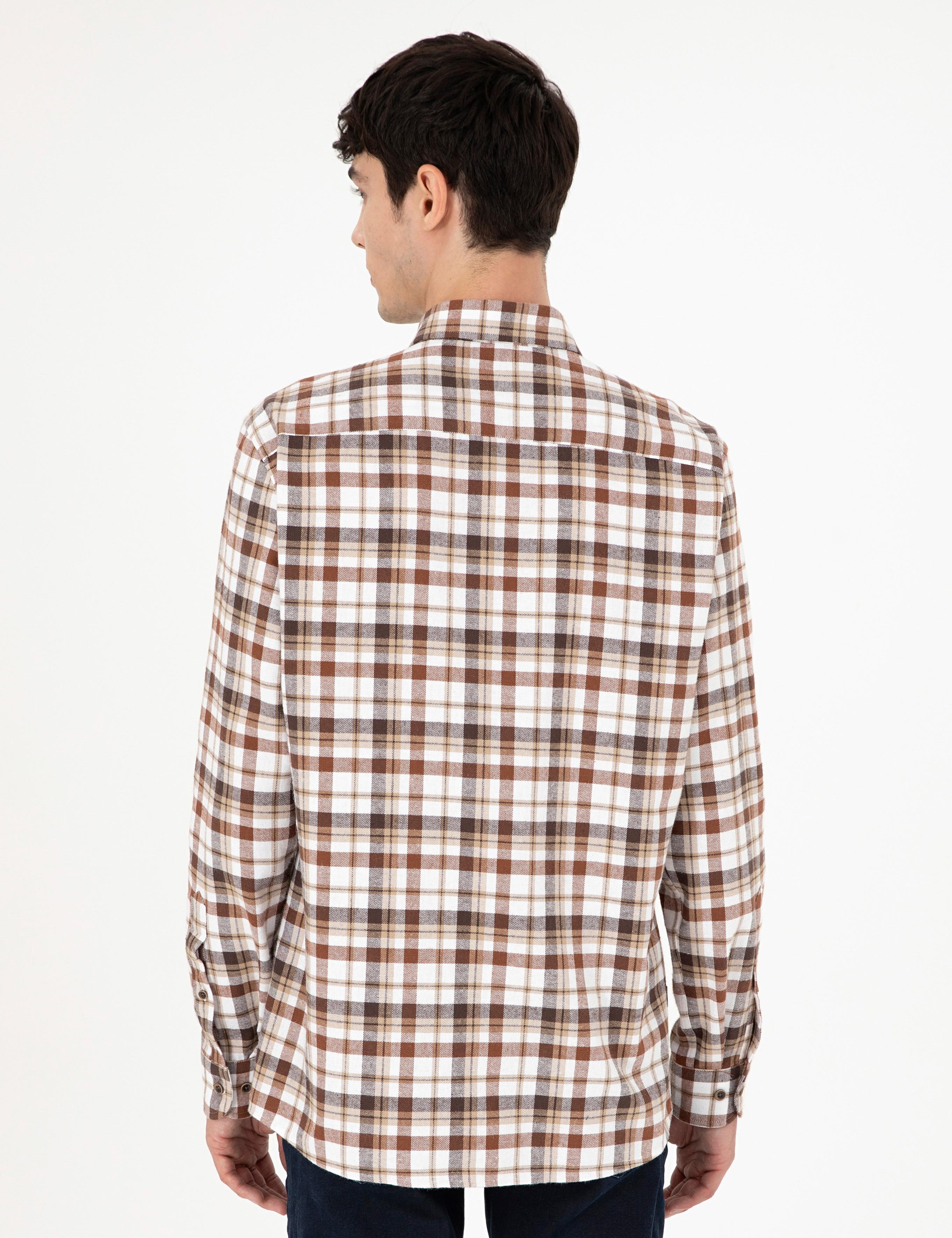 Kahverengi Regular Fit Kareli Uzun Kollu Gömlek