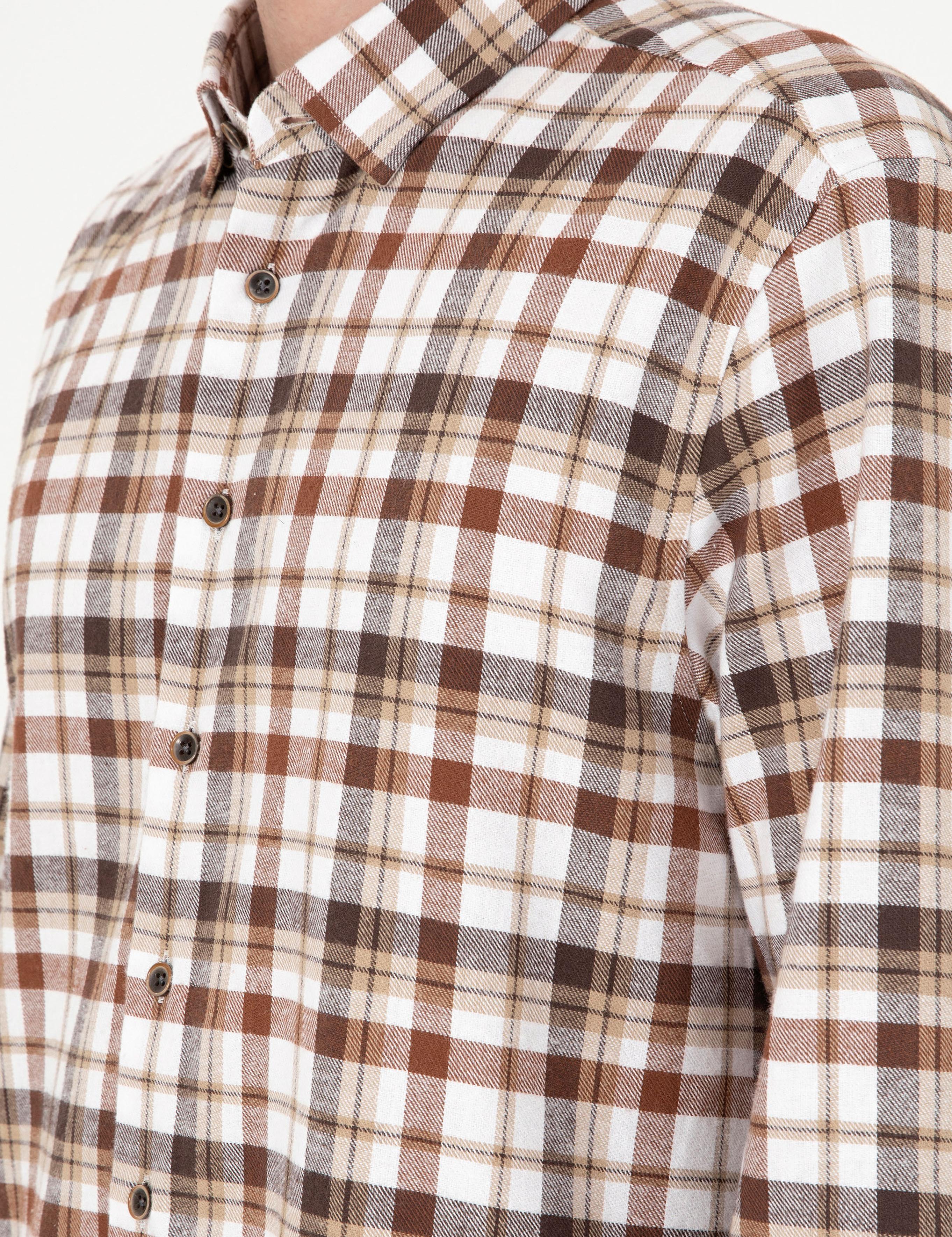 Kahverengi Regular Fit Kareli Uzun Kollu Gömlek