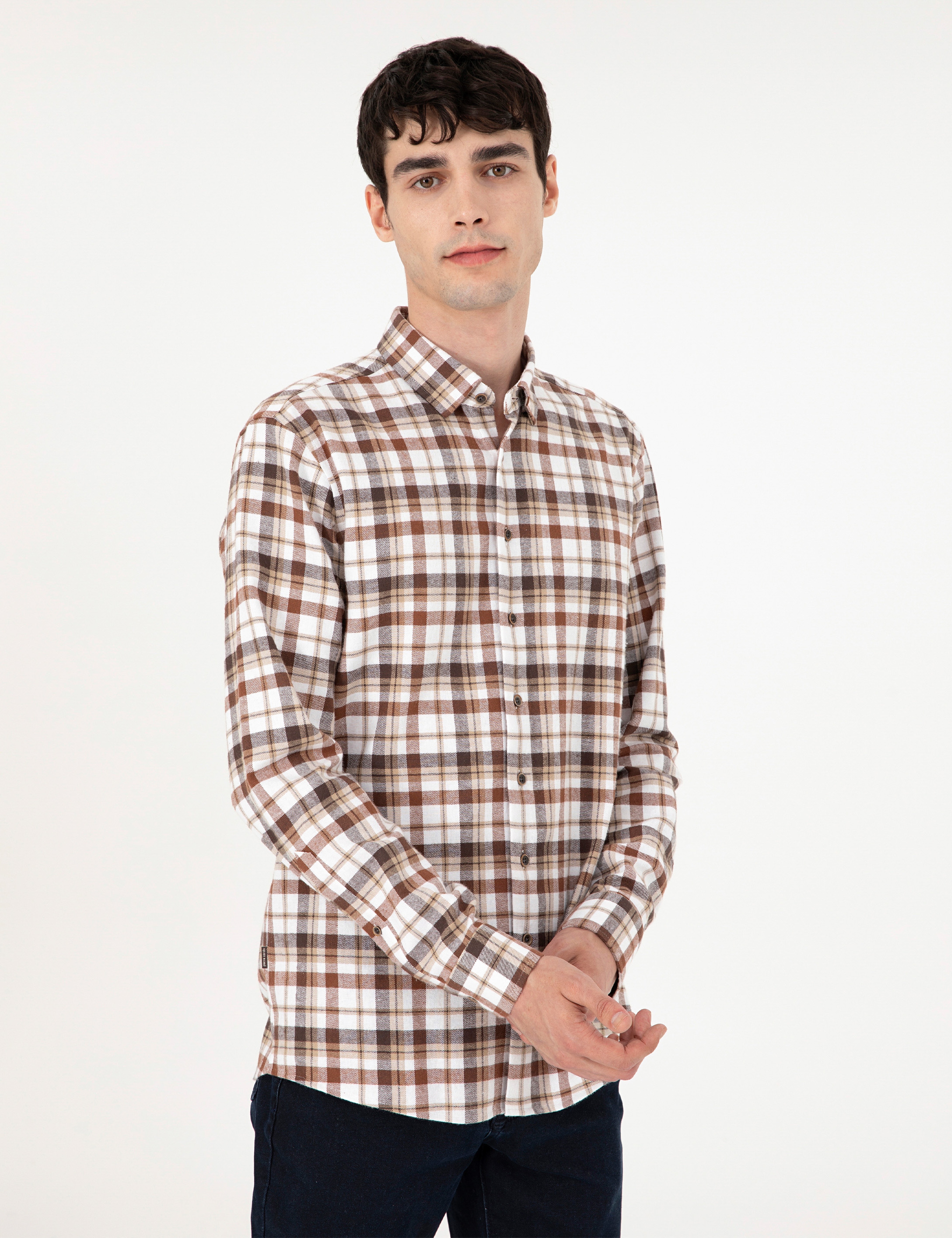 Kahverengi Regular Fit Kareli Uzun Kollu Gömlek - Image 3