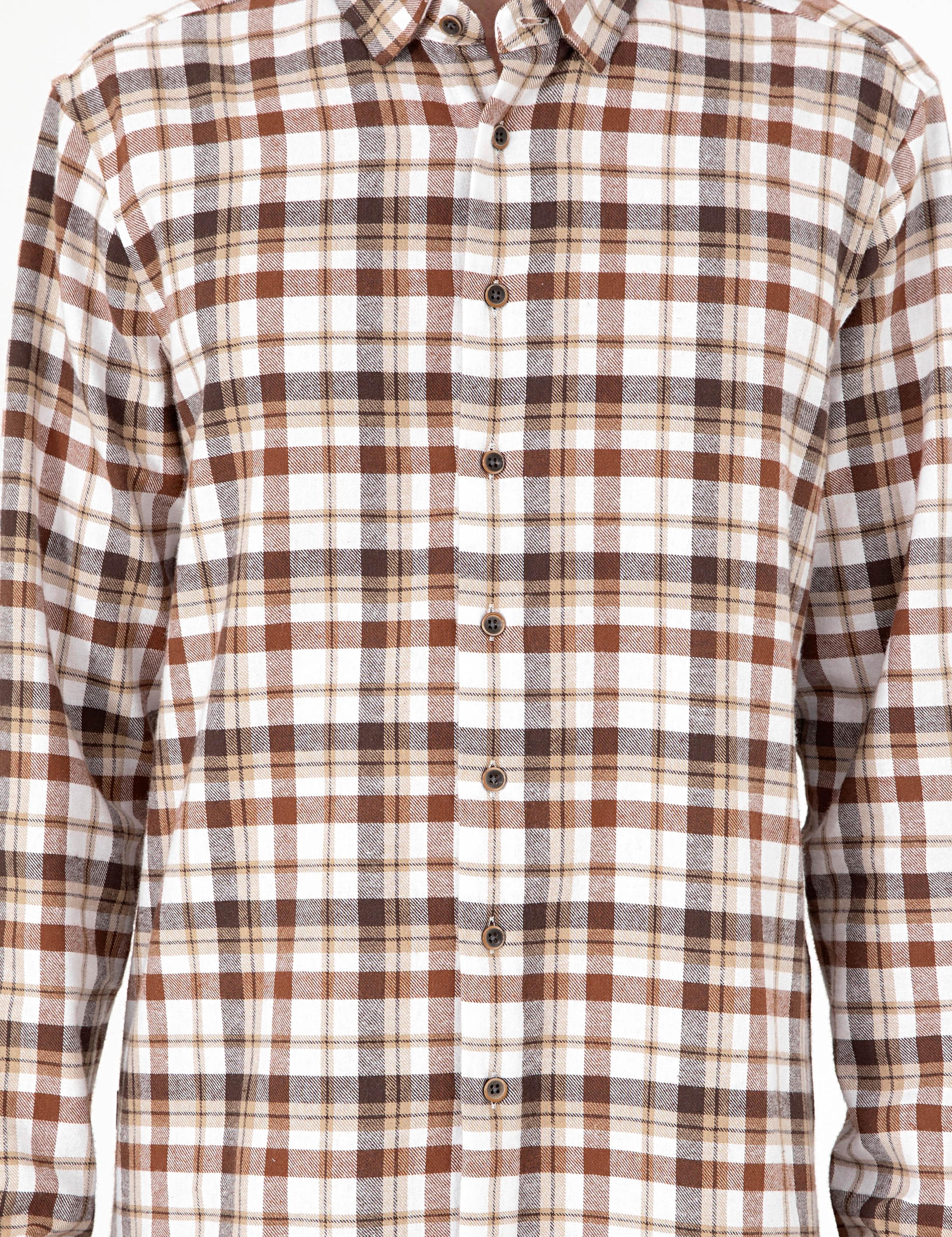 Kahverengi Regular Fit Kareli Uzun Kollu Gömlek