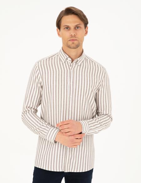 Kahverengi Regular Fit Çizgili Uzun Kollu Gömlek - 50295253052
