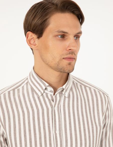 Kahverengi Regular Fit Çizgili Uzun Kollu Gömlek - 50295253052
