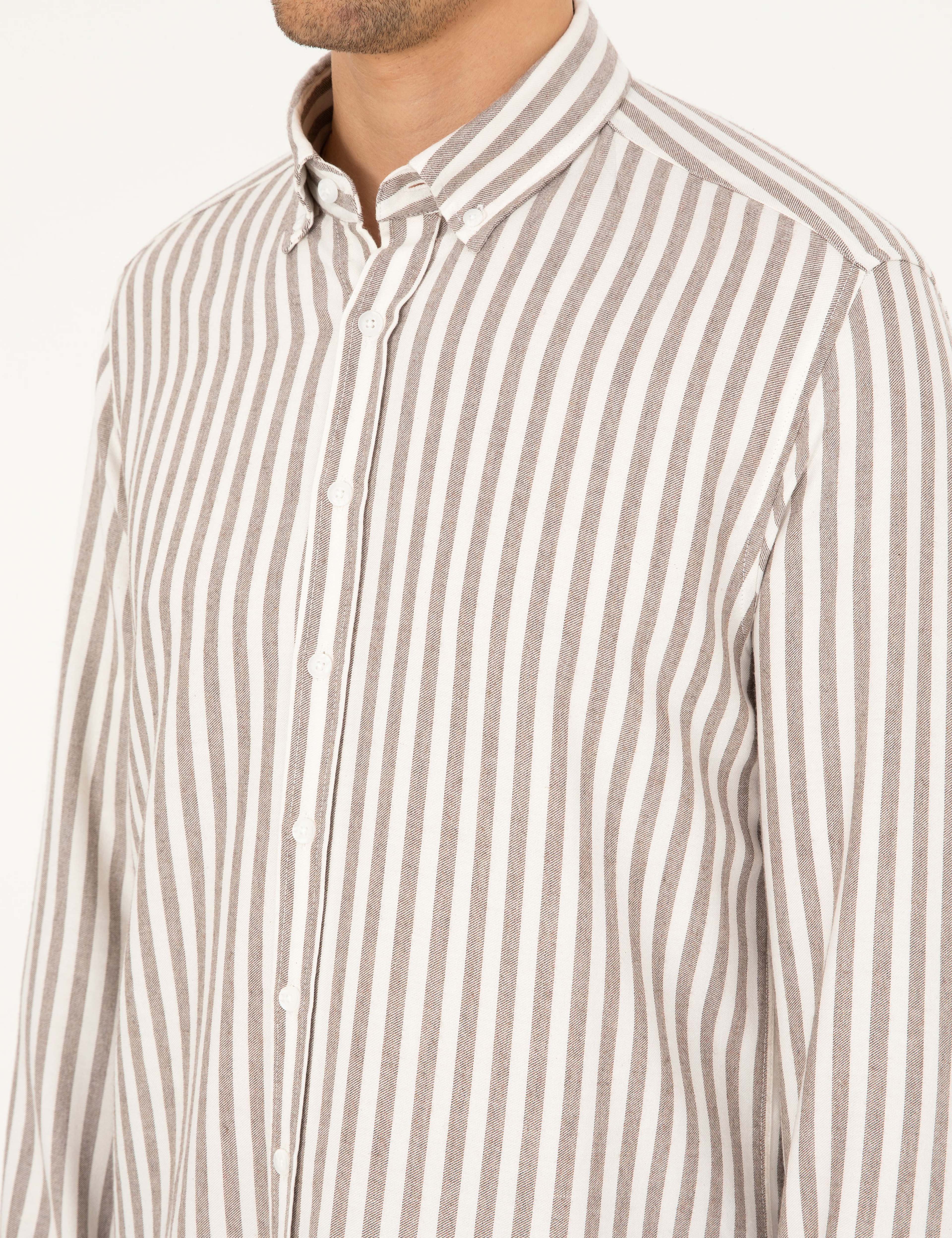 Kahverengi Regular Fit Çizgili Uzun Kollu Gömlek - Image 7