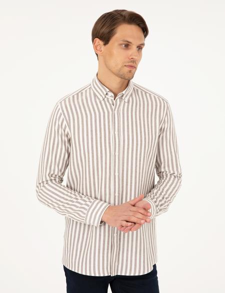 Kahverengi Regular Fit Çizgili Uzun Kollu Gömlek - 50295253052