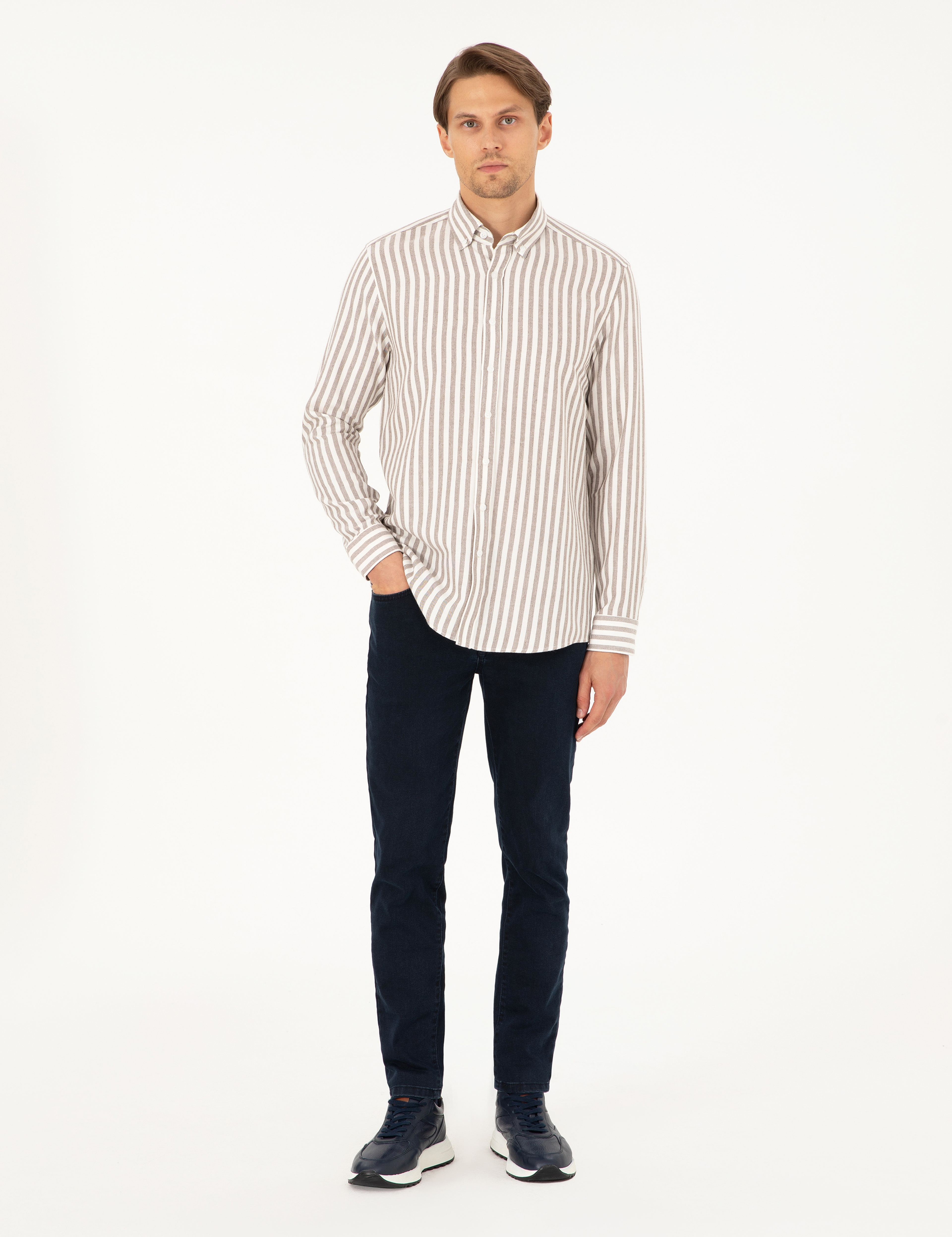 Kahverengi Regular Fit Çizgili Uzun Kollu Gömlek - Image 4