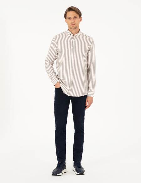 Kahverengi Regular Fit Çizgili Uzun Kollu Gömlek - 50295253052