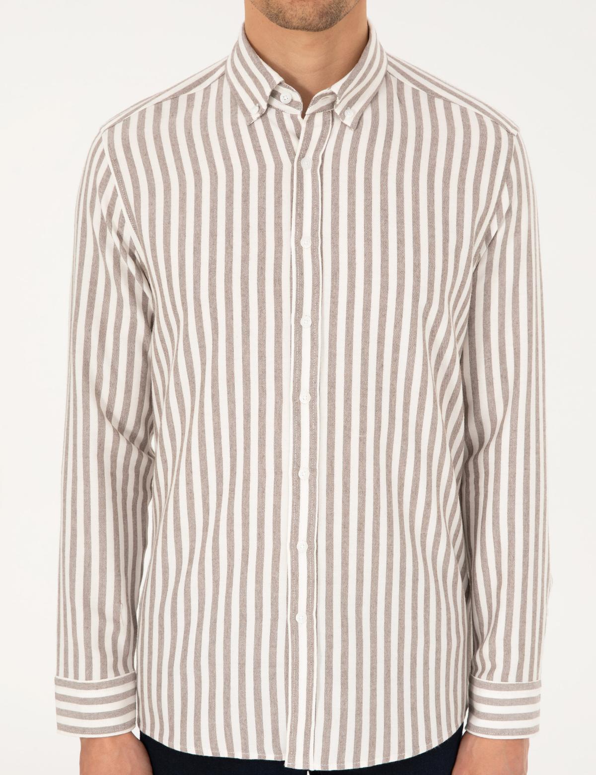 Kahverengi Regular Fit Çizgili Uzun Kollu Gömlek - 50295253052