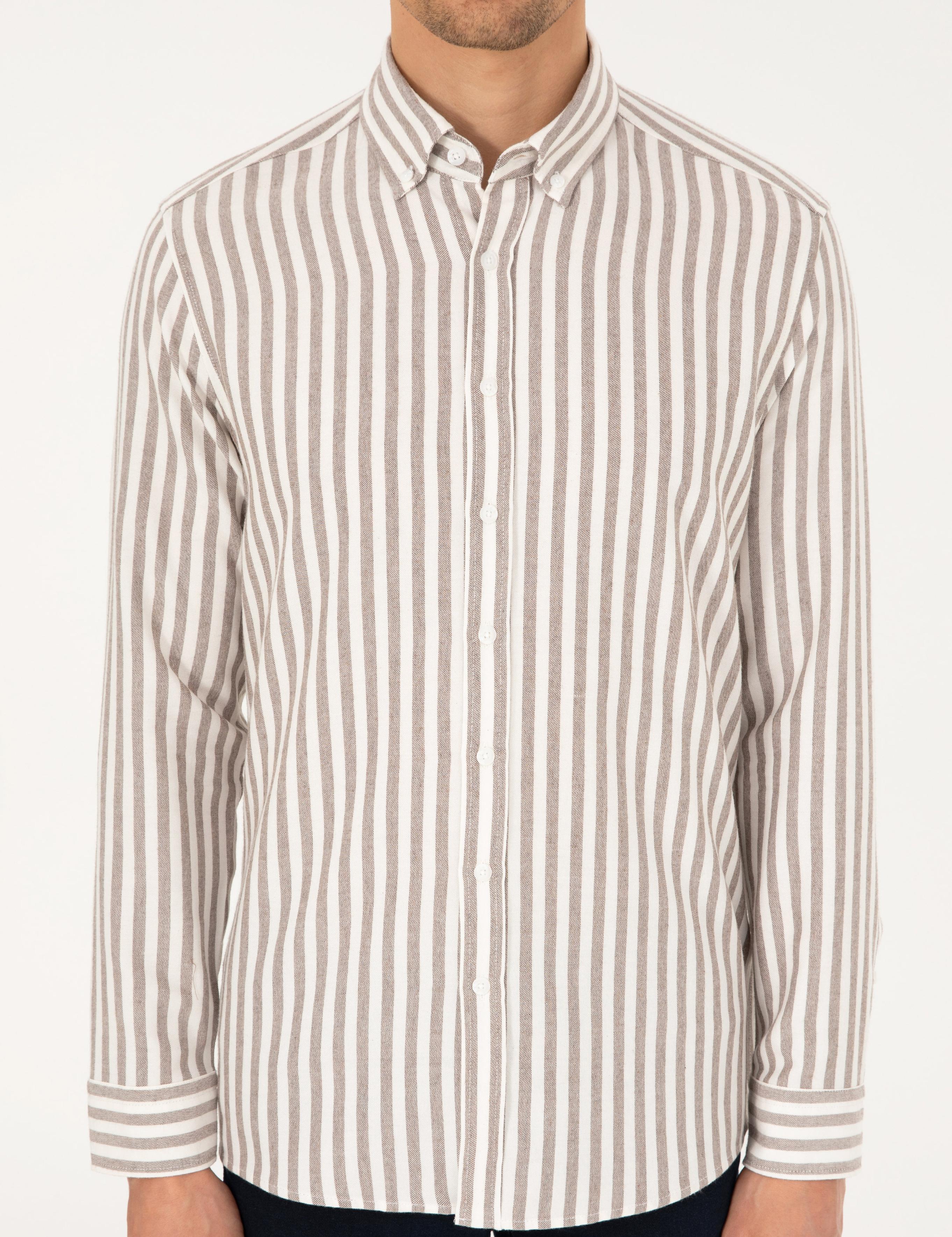 Kahverengi Regular Fit Çizgili Uzun Kollu Gömlek