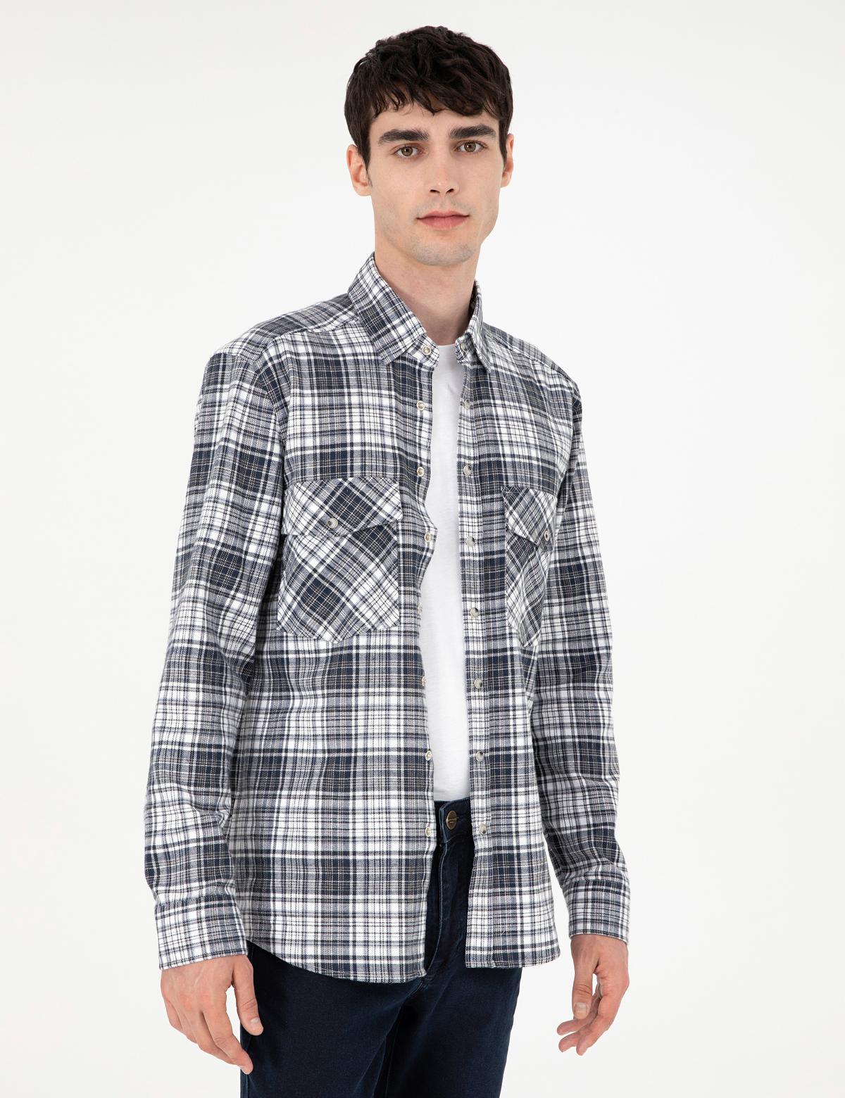 Lacivert Klasik Yaka Çift Cepli Regular Fit Gömlek Ceket