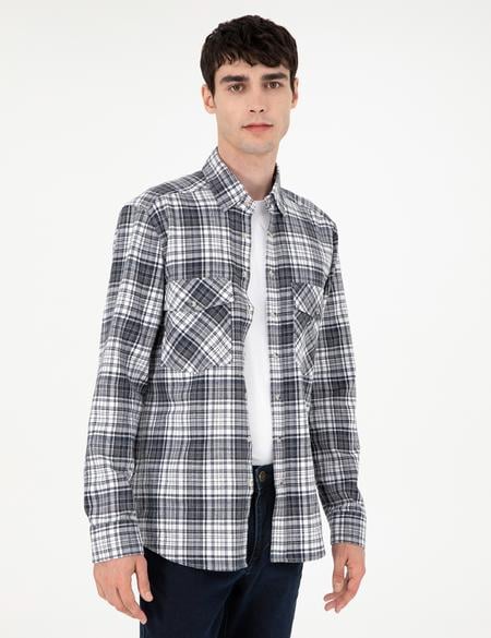 Lacivert Klasik Yaka Çift Cepli Regular Fit Gömlek Ceket - 50292345002