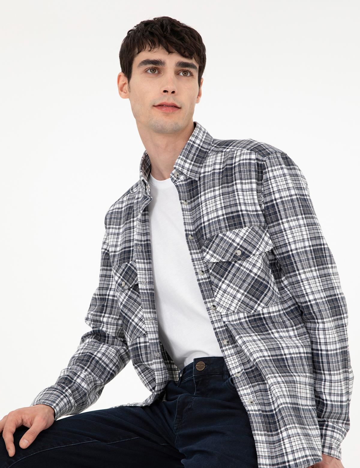 Lacivert Klasik Yaka Çift Cepli Regular Fit Gömlek Ceket - 50292345002