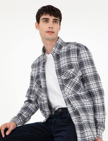 Lacivert Klasik Yaka Çift Cepli Regular Fit Gömlek Ceket - 50292345002