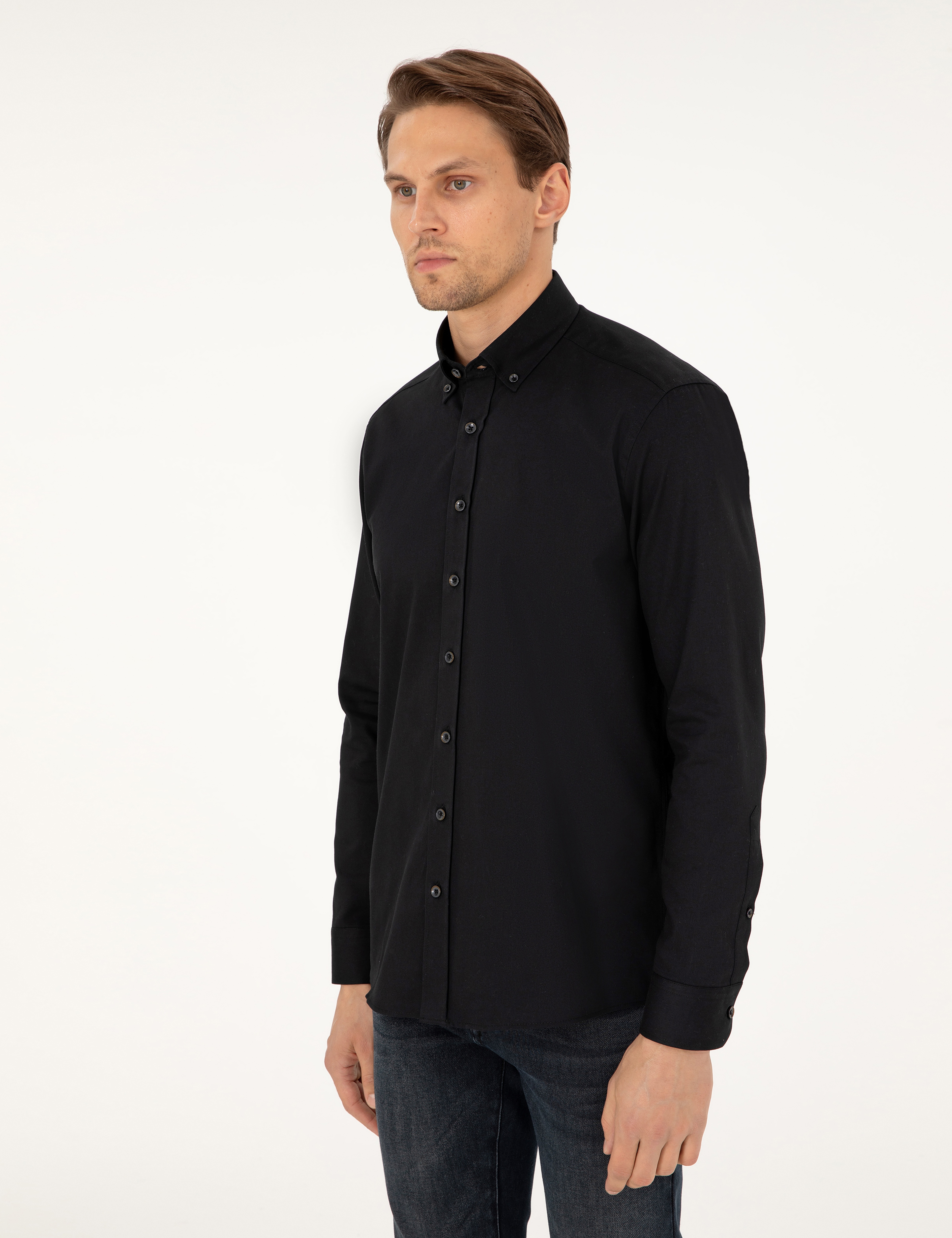 Siyah Regular Fit Uzun Kollu Gömlek - Image 3