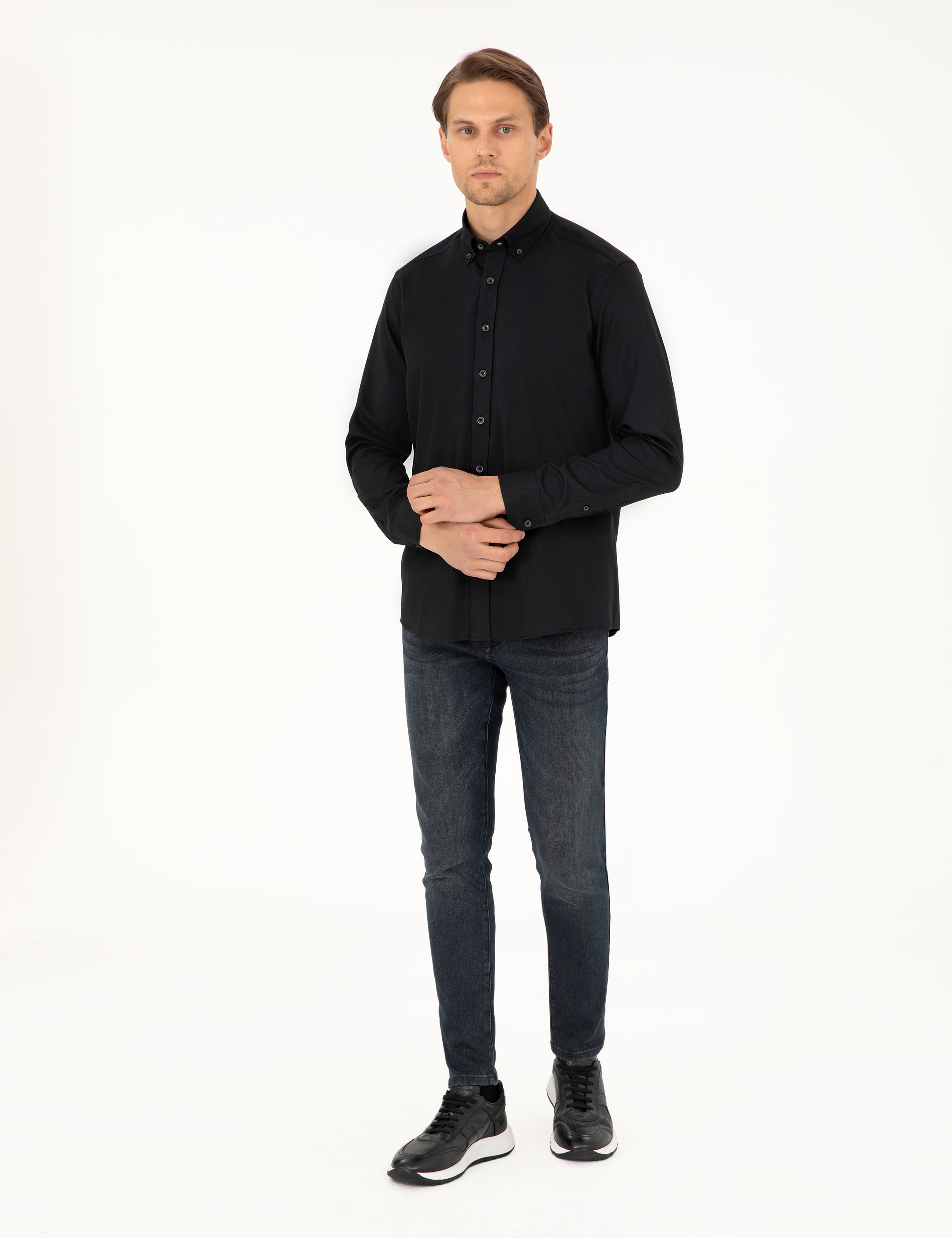Siyah Regular Fit Uzun Kollu Gömlek - Image 4
