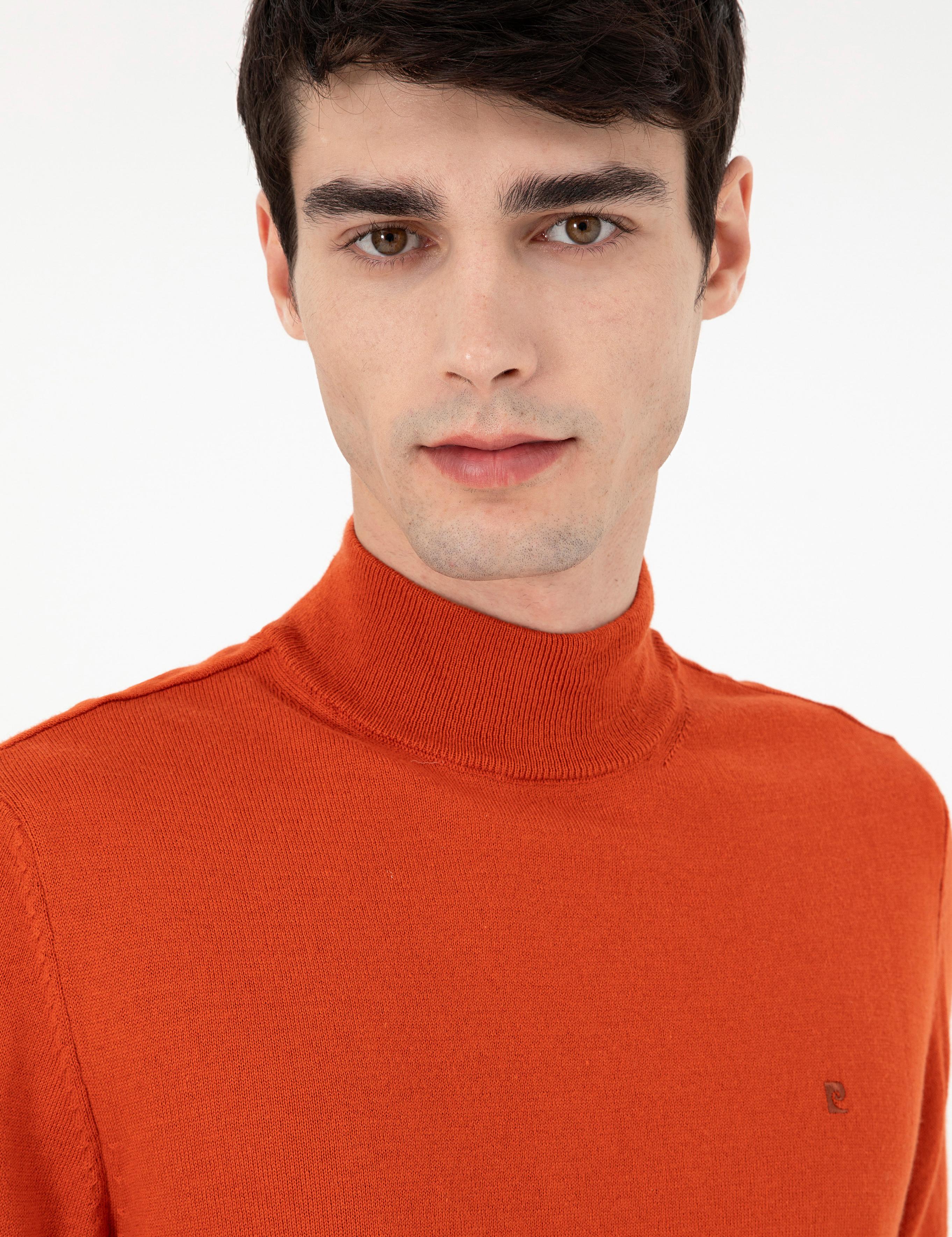 Turuncu Slim Fit Yarım Balıkçı Yaka Basic Triko Kazak