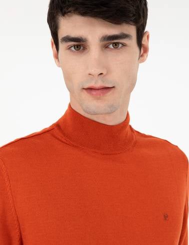 Turuncu Slim Fit Yarım Balıkçı Yaka Basic Triko Kazak