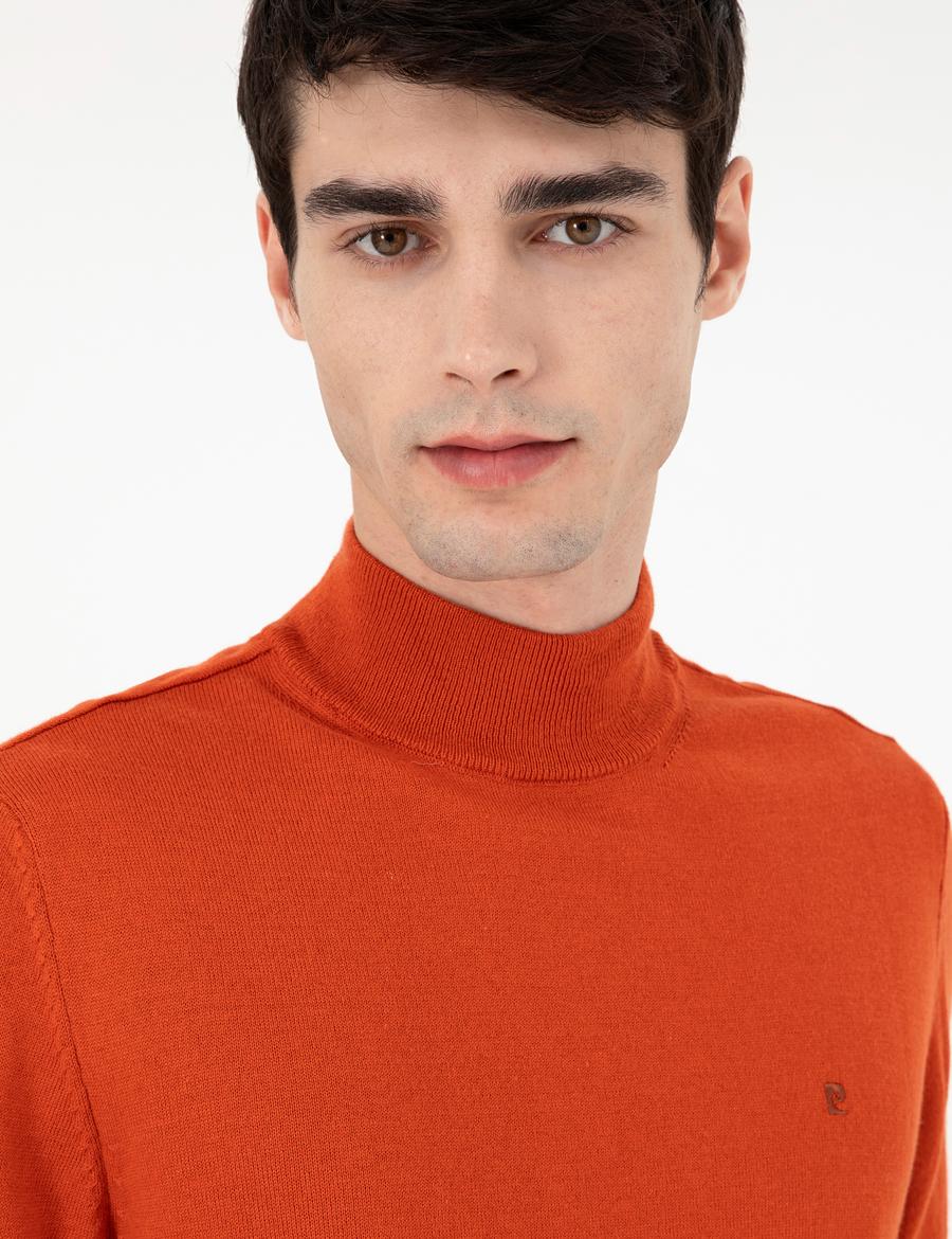 Turuncu Slim Fit Yarım Balıkçı Yaka Basic Triko Kazak