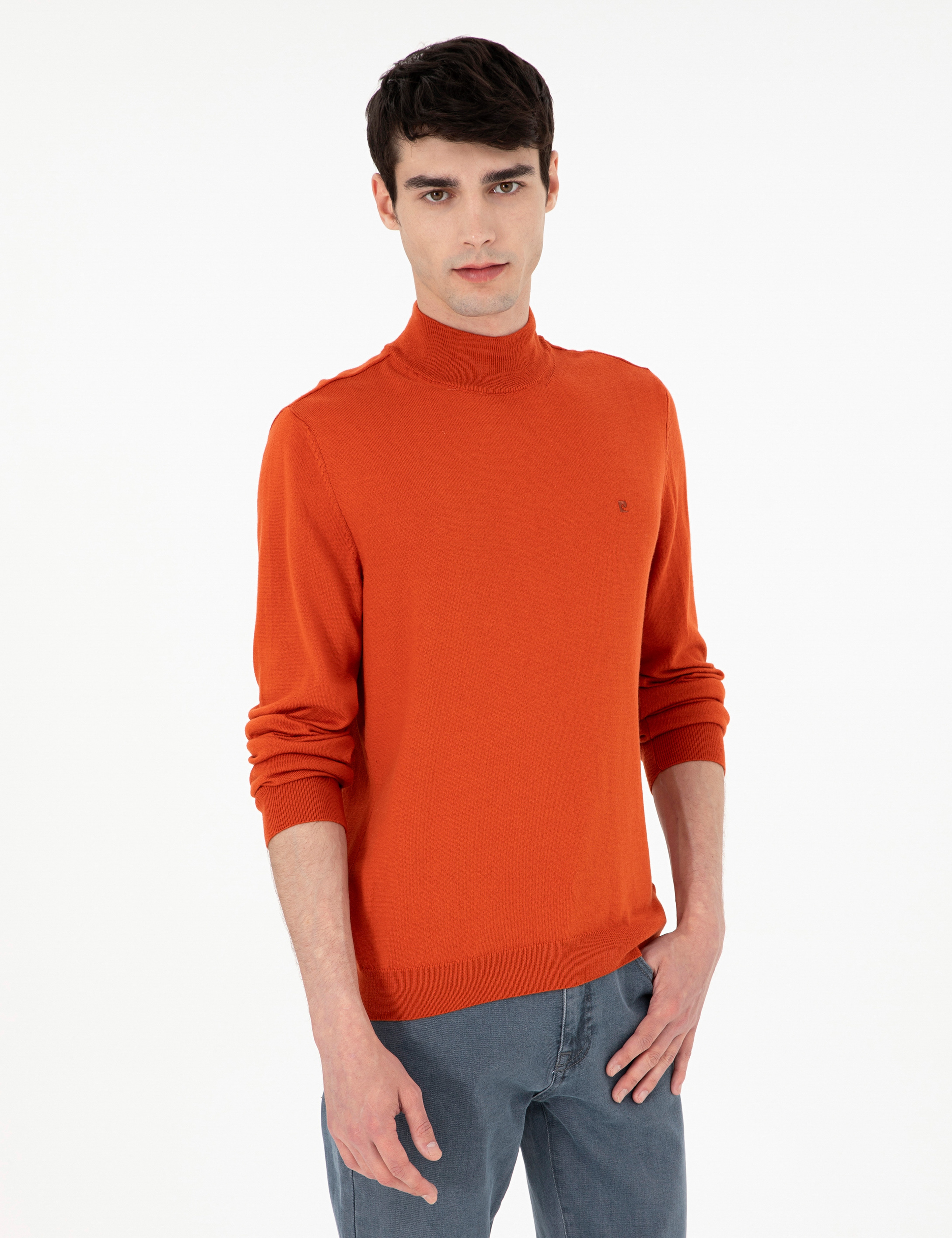 Turuncu Slim Fit Yarım Balıkçı Yaka Basic Triko Kazak - Image 1