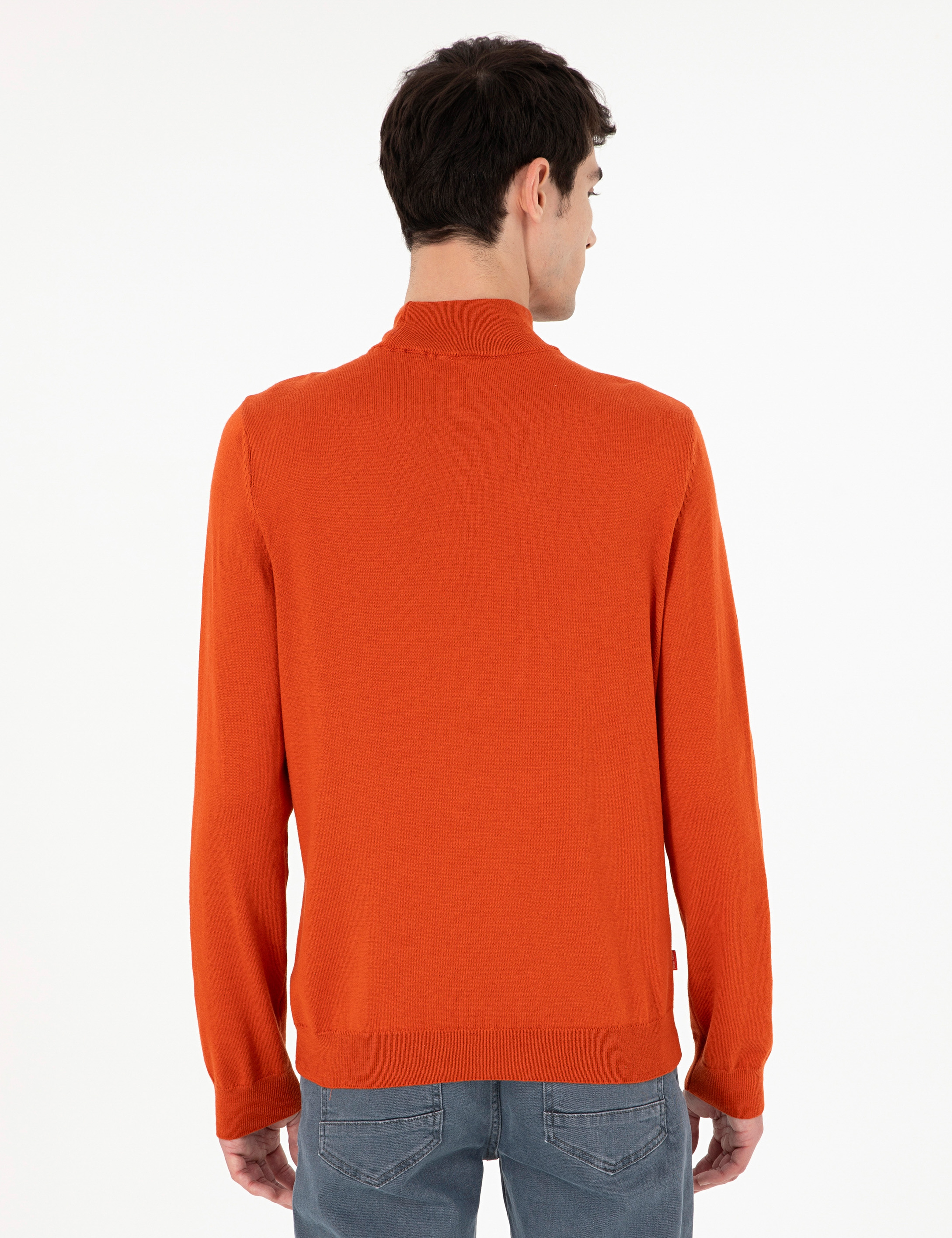 Turuncu Slim Fit Yarım Balıkçı Yaka Basic Triko Kazak