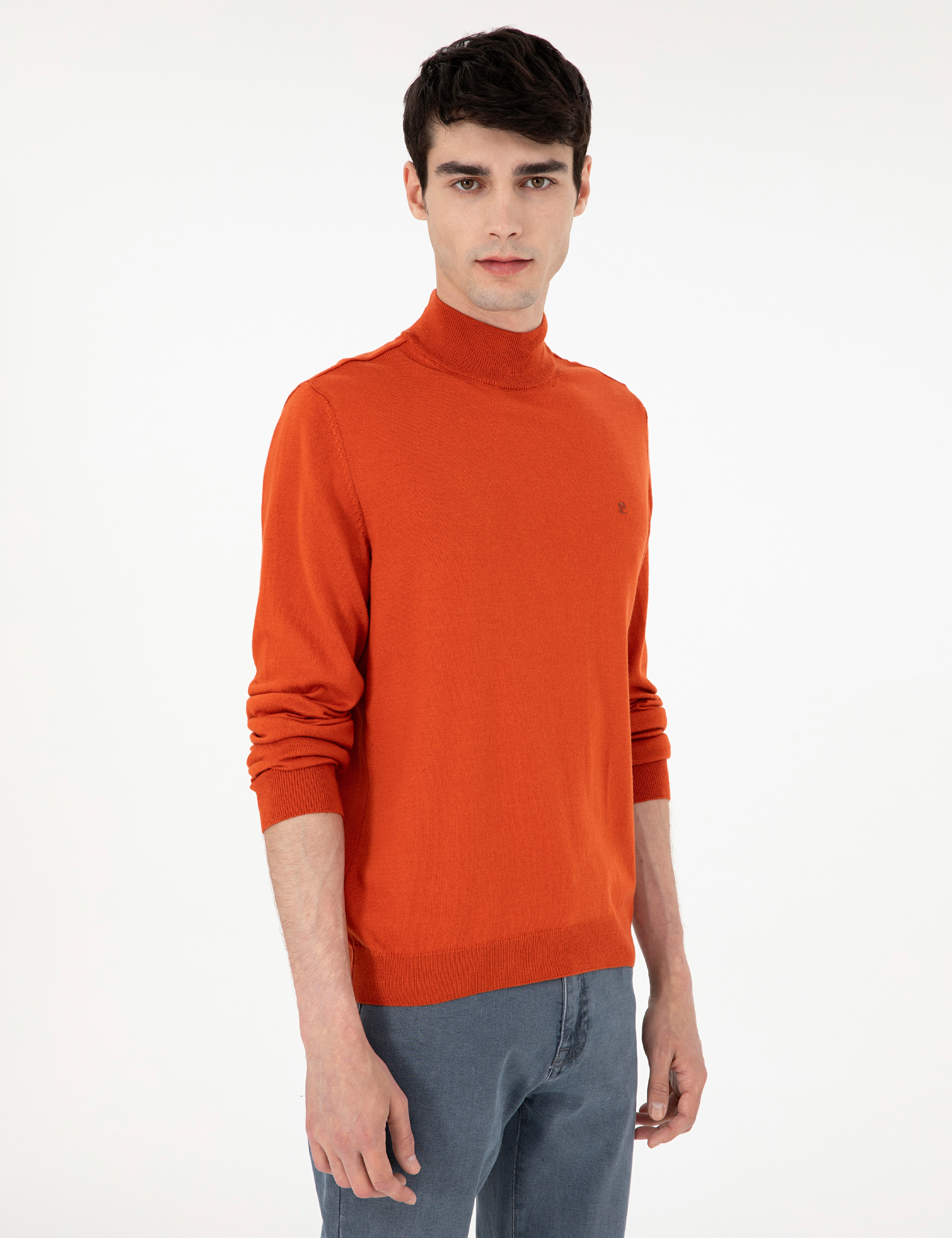 Turuncu Slim Fit Yarım Balıkçı Yaka Basic Triko Kazak