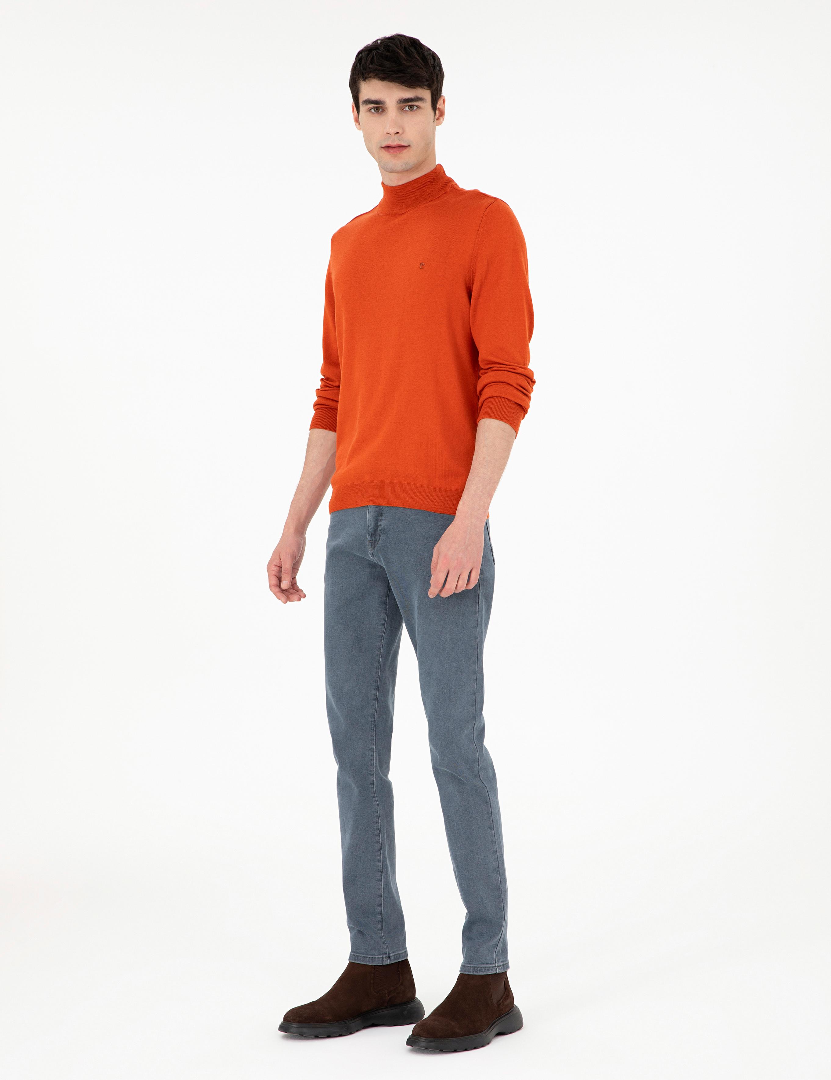 Turuncu Slim Fit Yarım Balıkçı Yaka Basic Triko Kazak