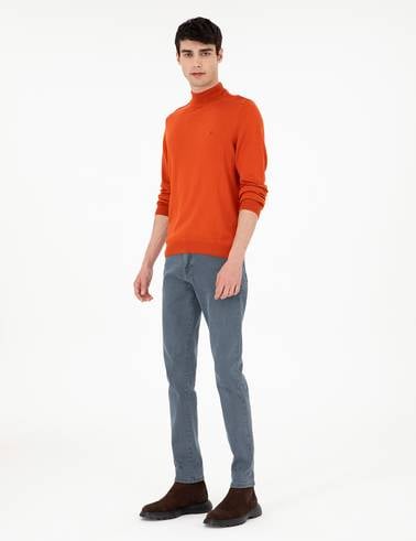 Turuncu Slim Fit Yarım Balıkçı Yaka Basic Triko Kazak