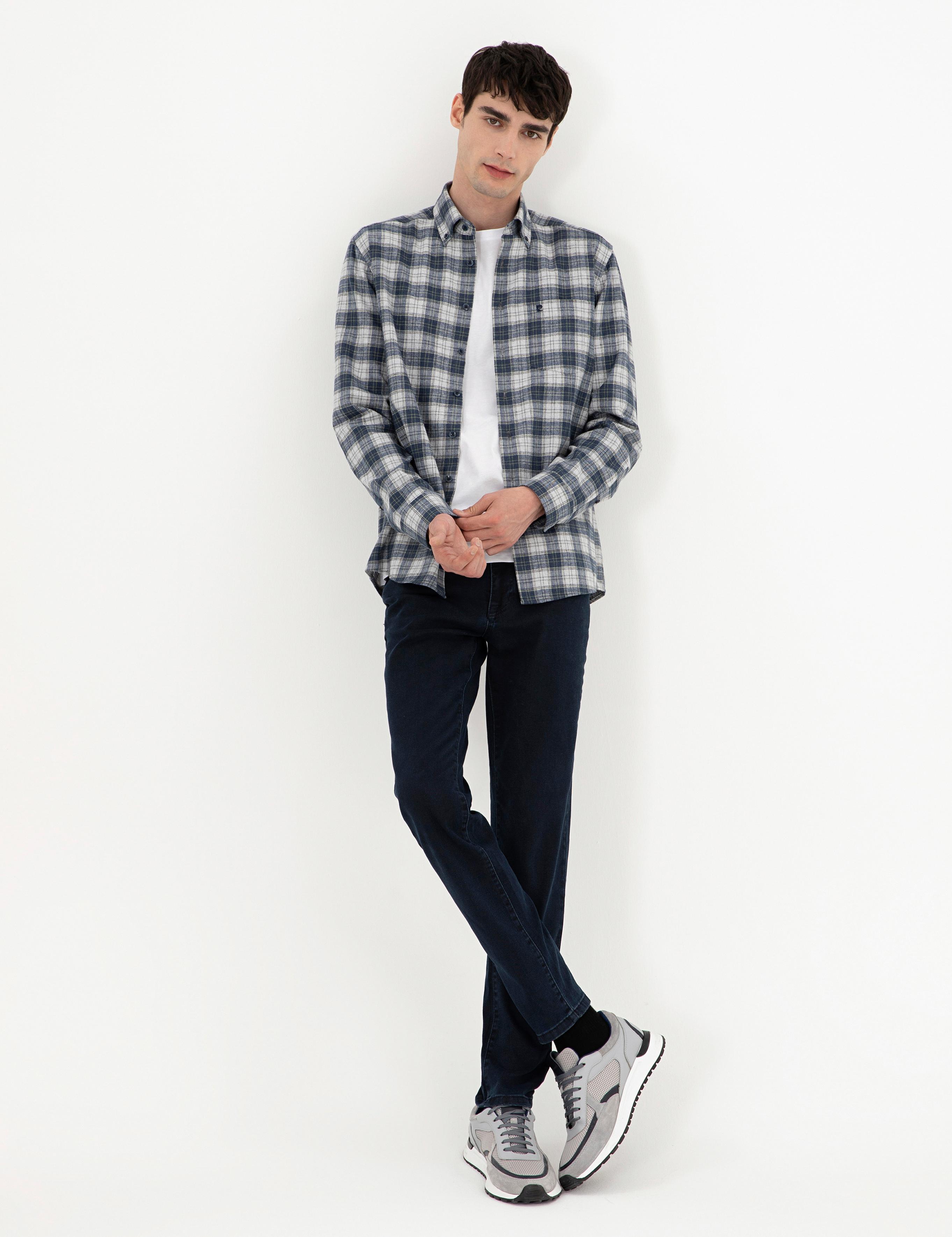 Lacivert Ekose Regular Fit Uzun Kollu Gömlek