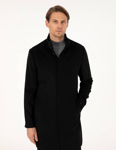 Siyah Slim Fit Yün Karışımlı Palto