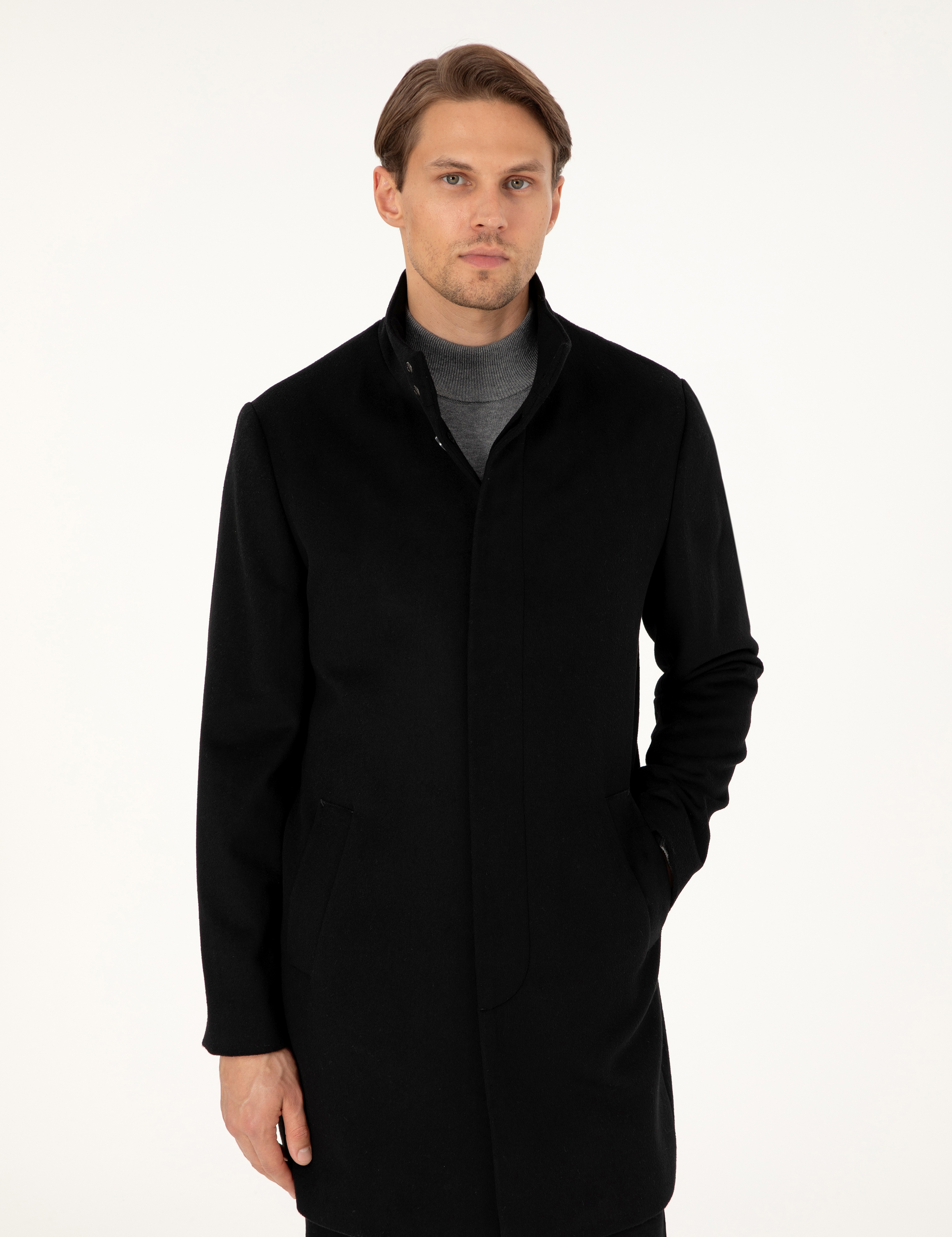 Siyah Slim Fit Yün Karışımlı Palto - Image 3