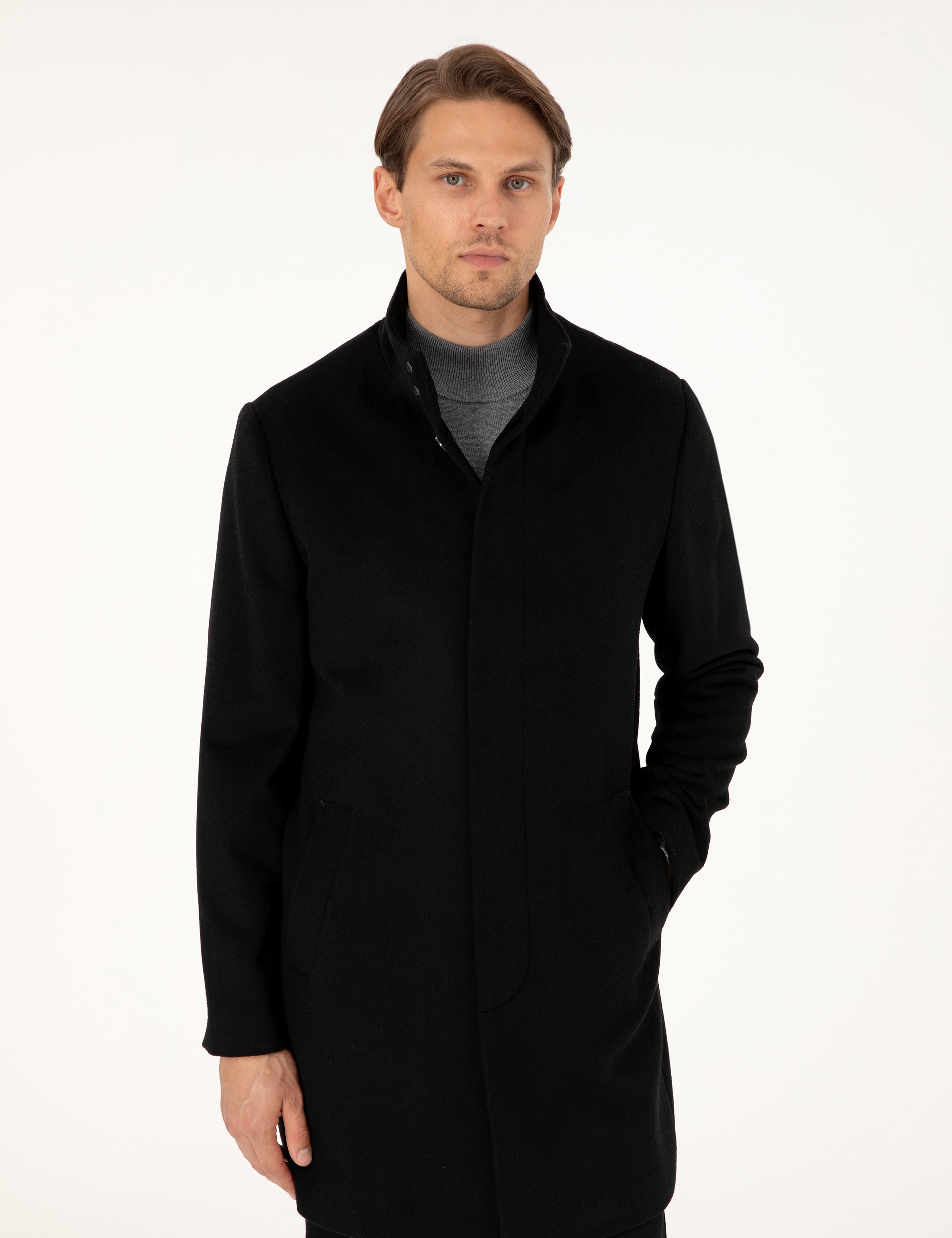 Siyah Slim Fit Yün Karışımlı Palto