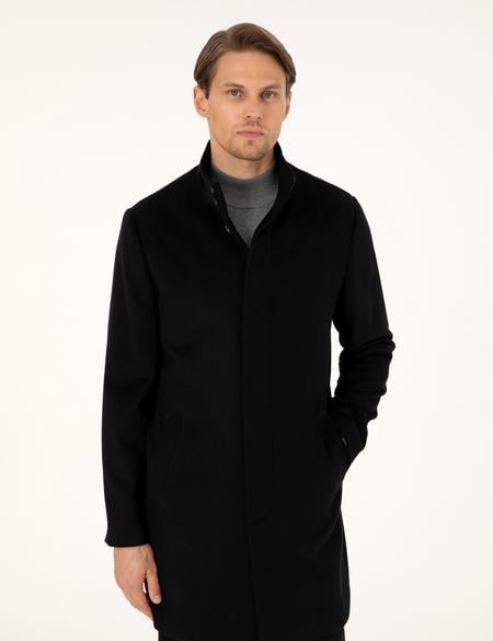 Siyah Slim Fit Yün Karışımlı Palto - 50291020006