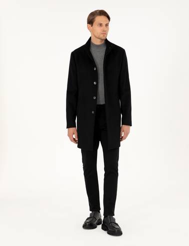 Siyah Slim Fit Yün Karışımlı Palto