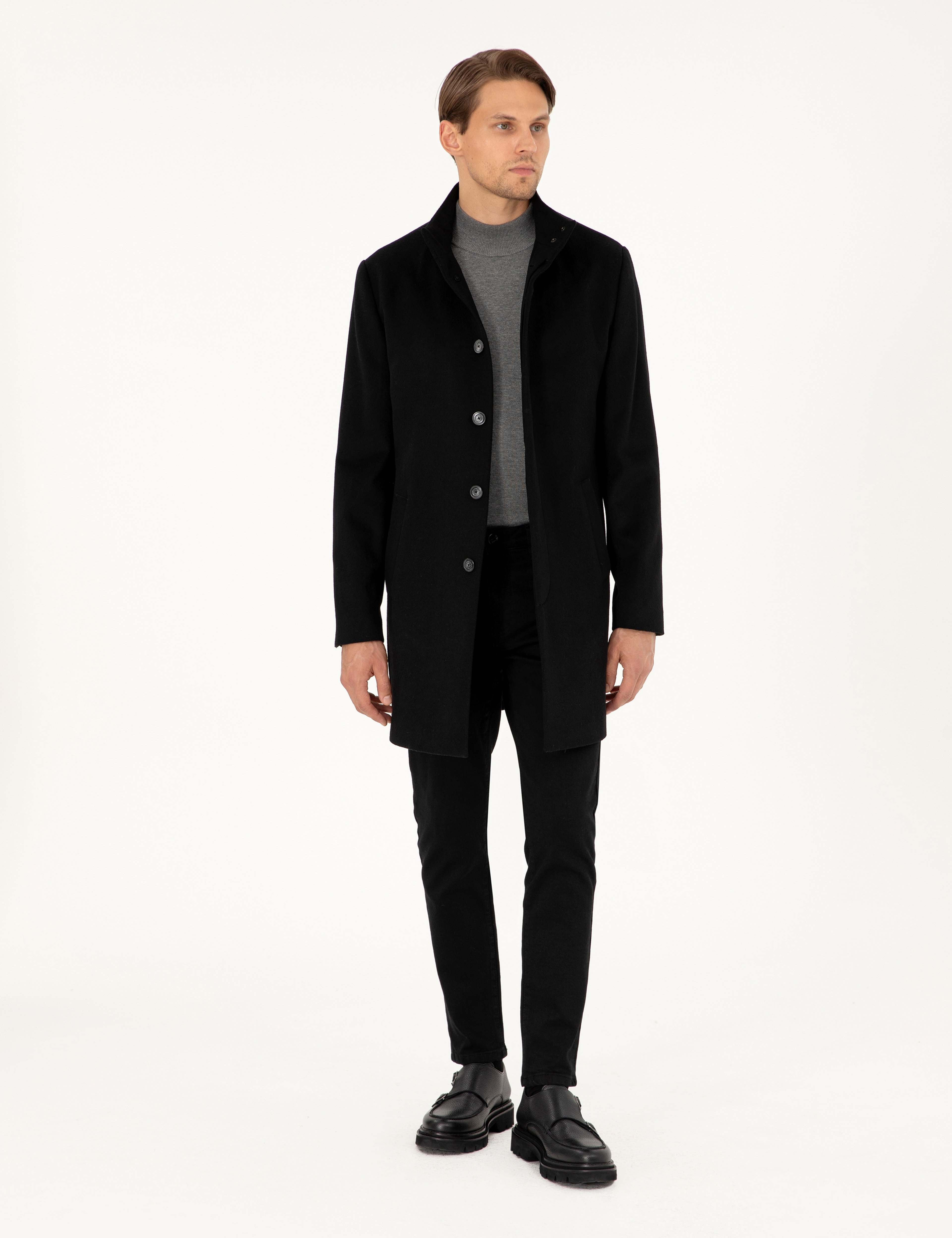 Siyah Slim Fit Yün Karışımlı Palto
