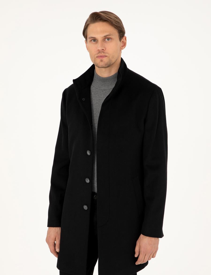 Siyah Slim Fit Yün Karışımlı Palto