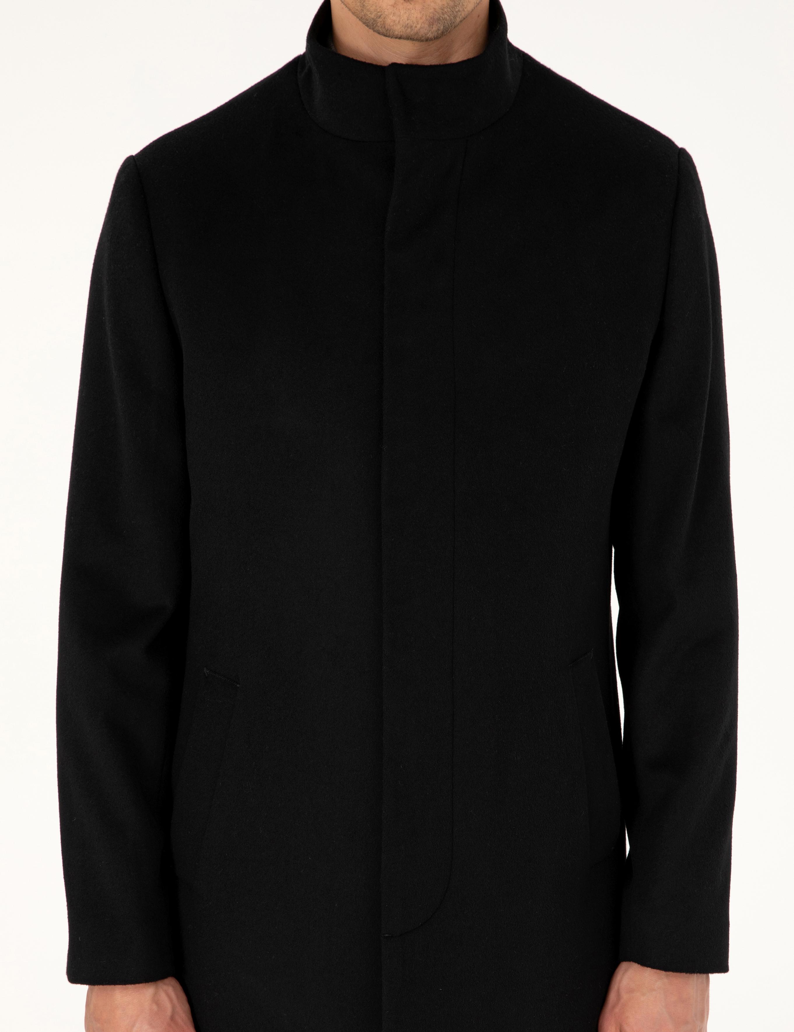 Siyah Slim Fit Yün Karışımlı Palto