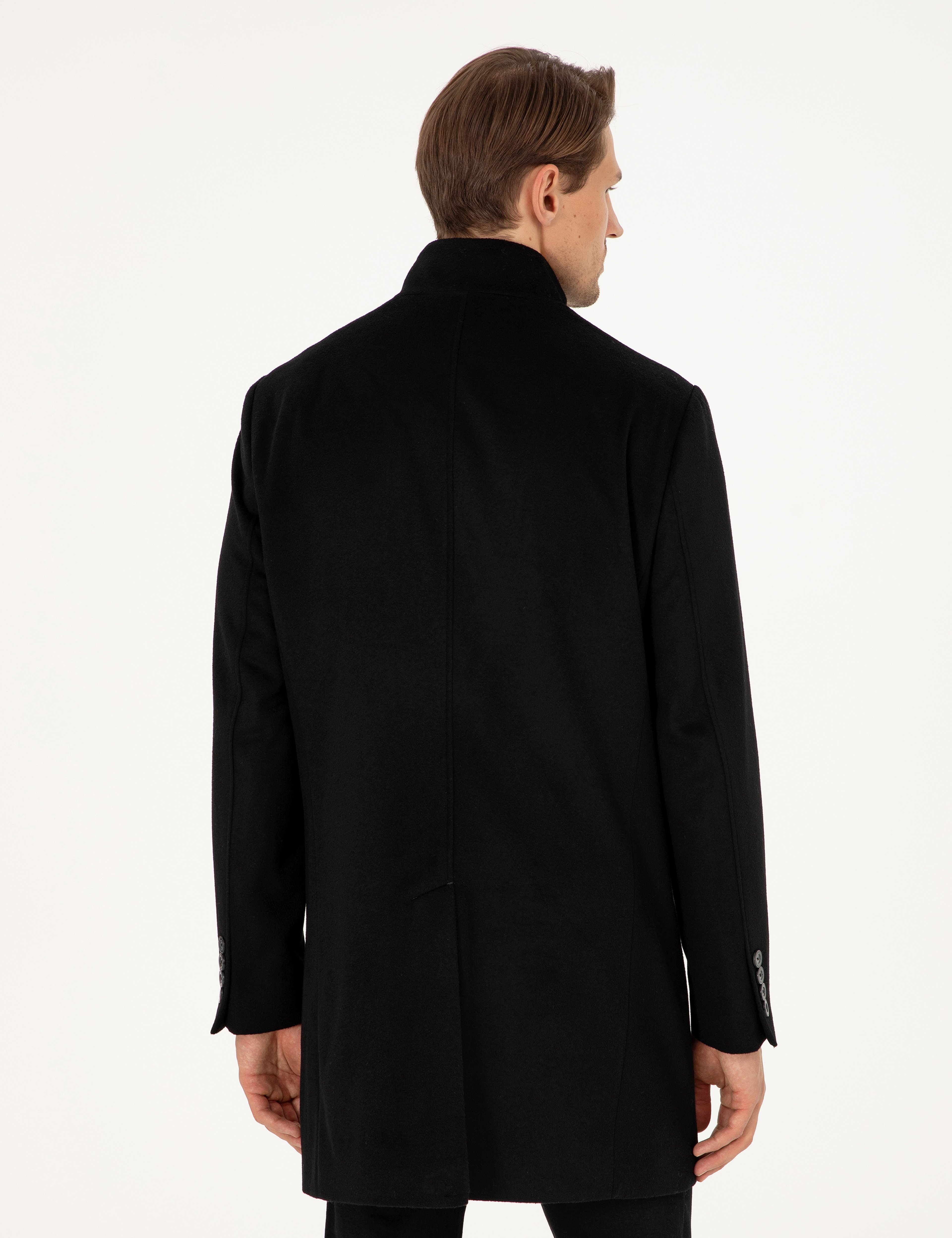 Siyah Slim Fit Yün Karışımlı Palto - Image 5