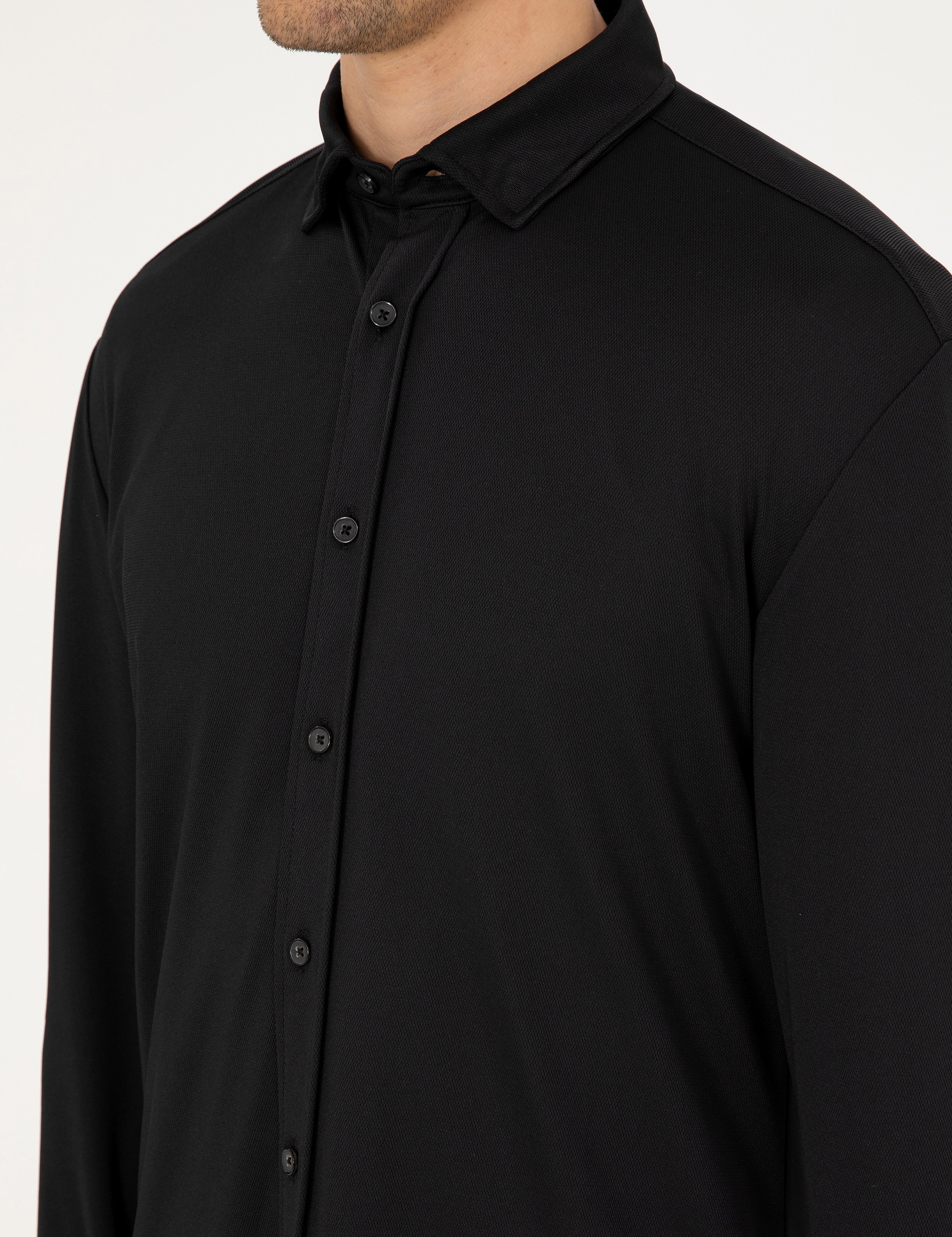 Siyah Slim Fit Örme Gömlek - Image 7