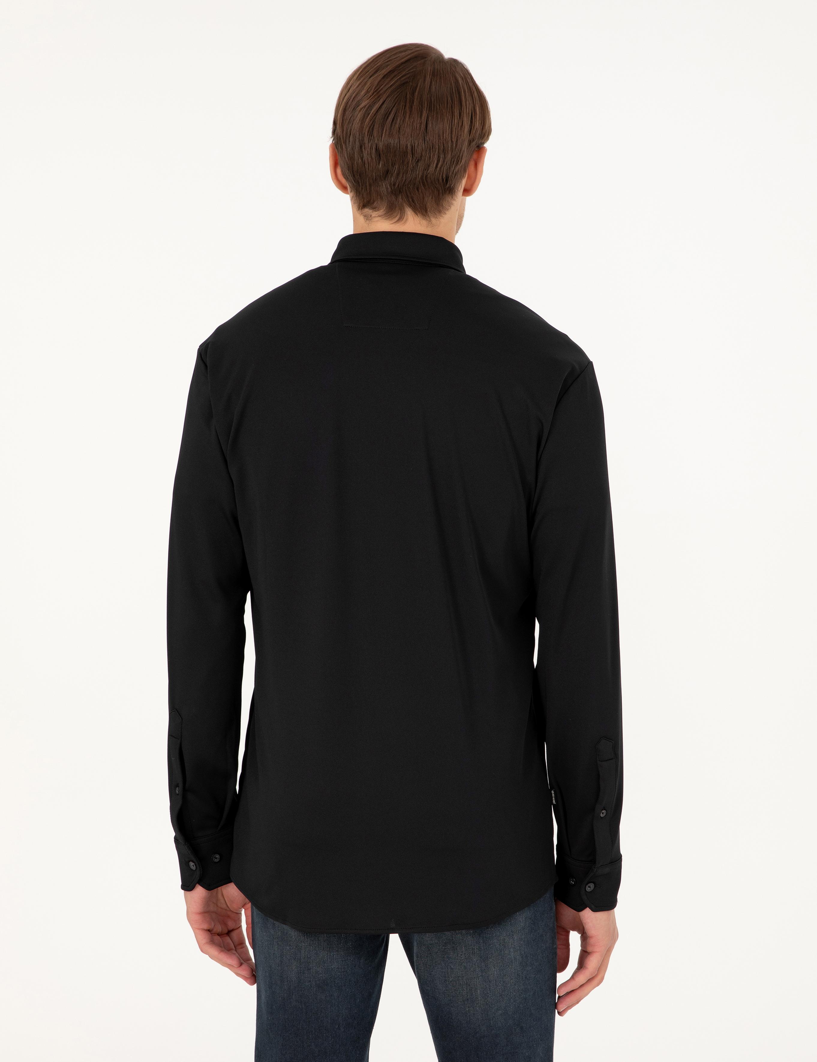 Siyah Slim Fit Örme Gömlek