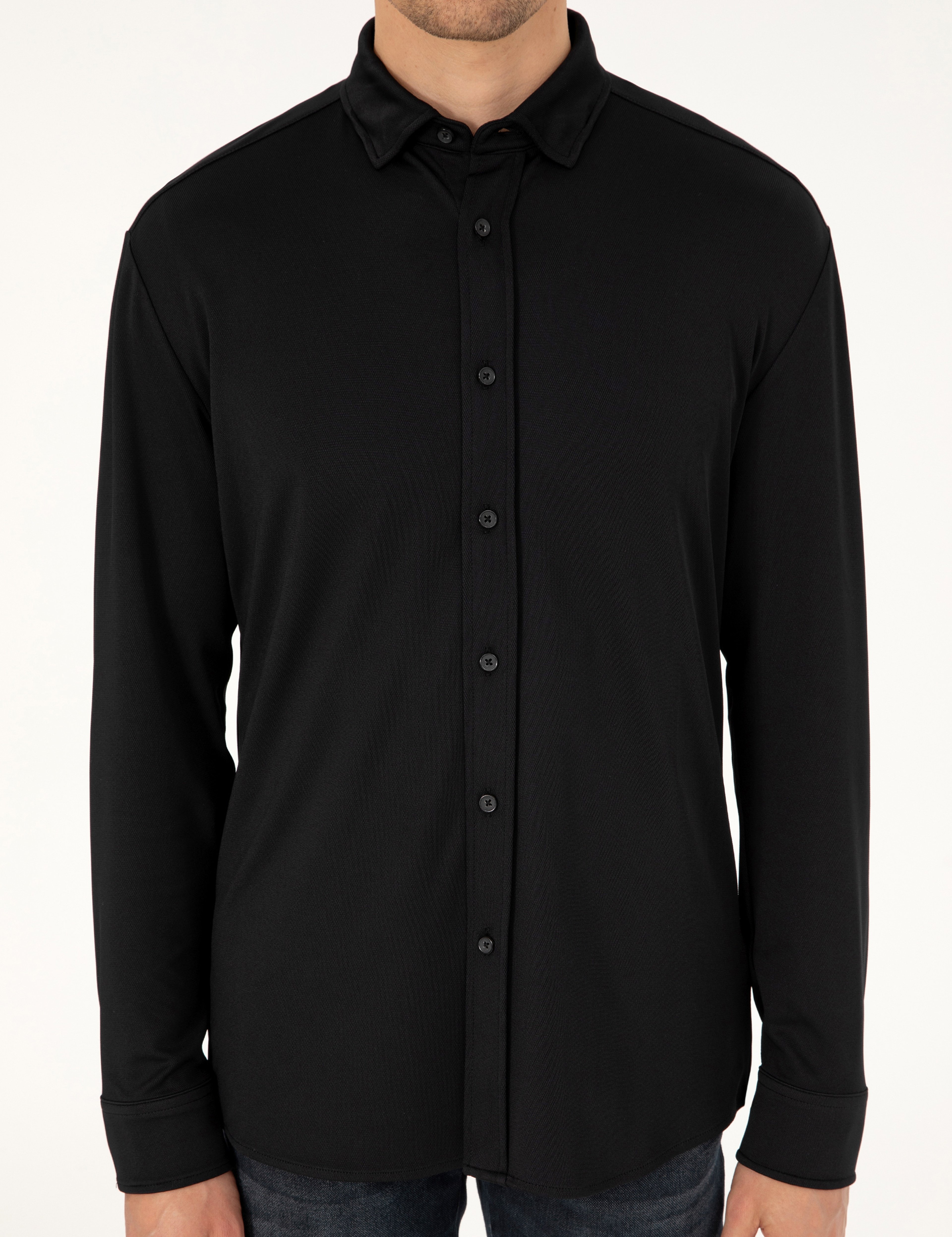 Siyah Slim Fit Örme Gömlek - Image 6