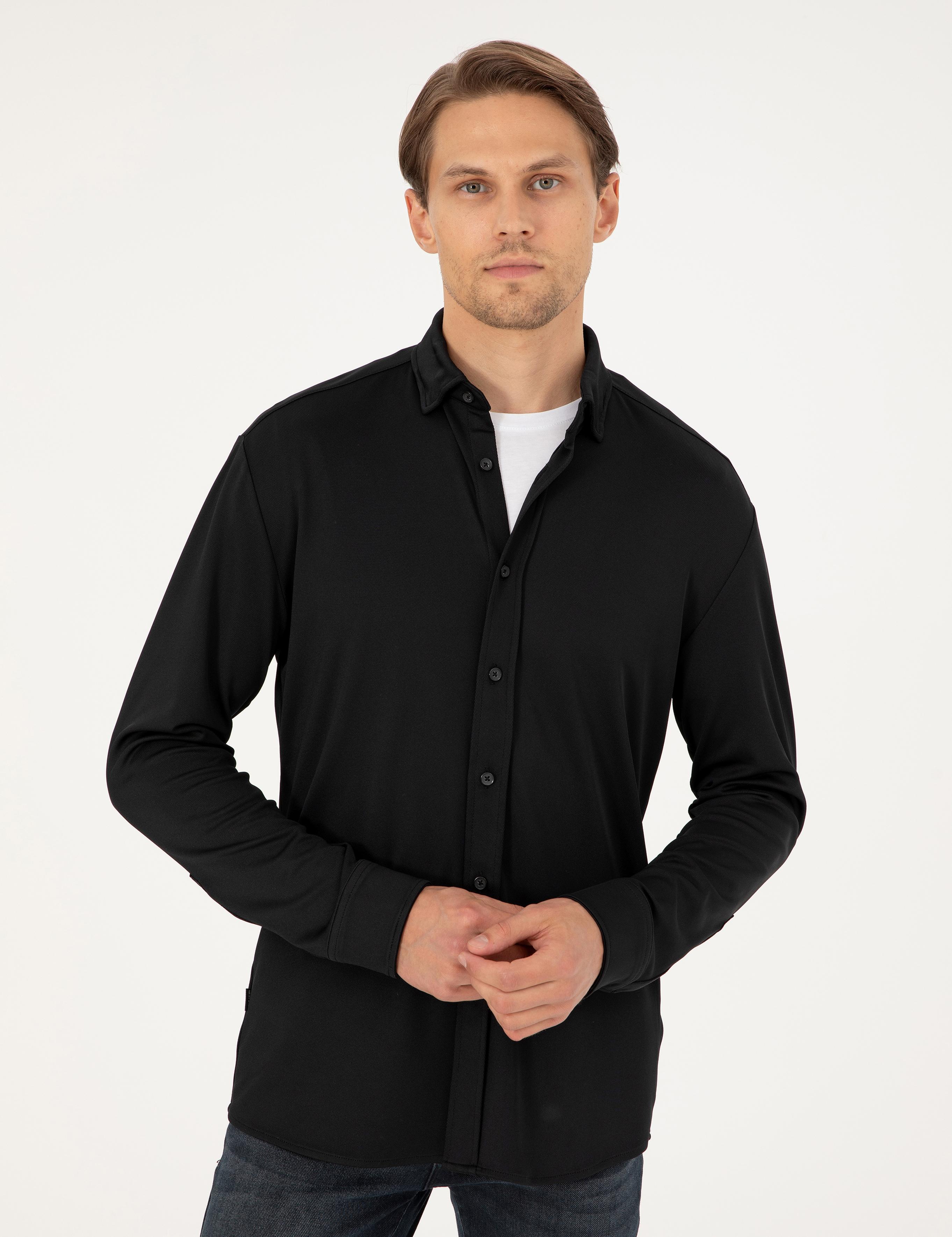 Siyah Slim Fit Örme Gömlek