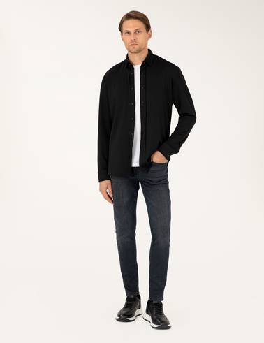 Siyah Slim Fit Örme Gömlek