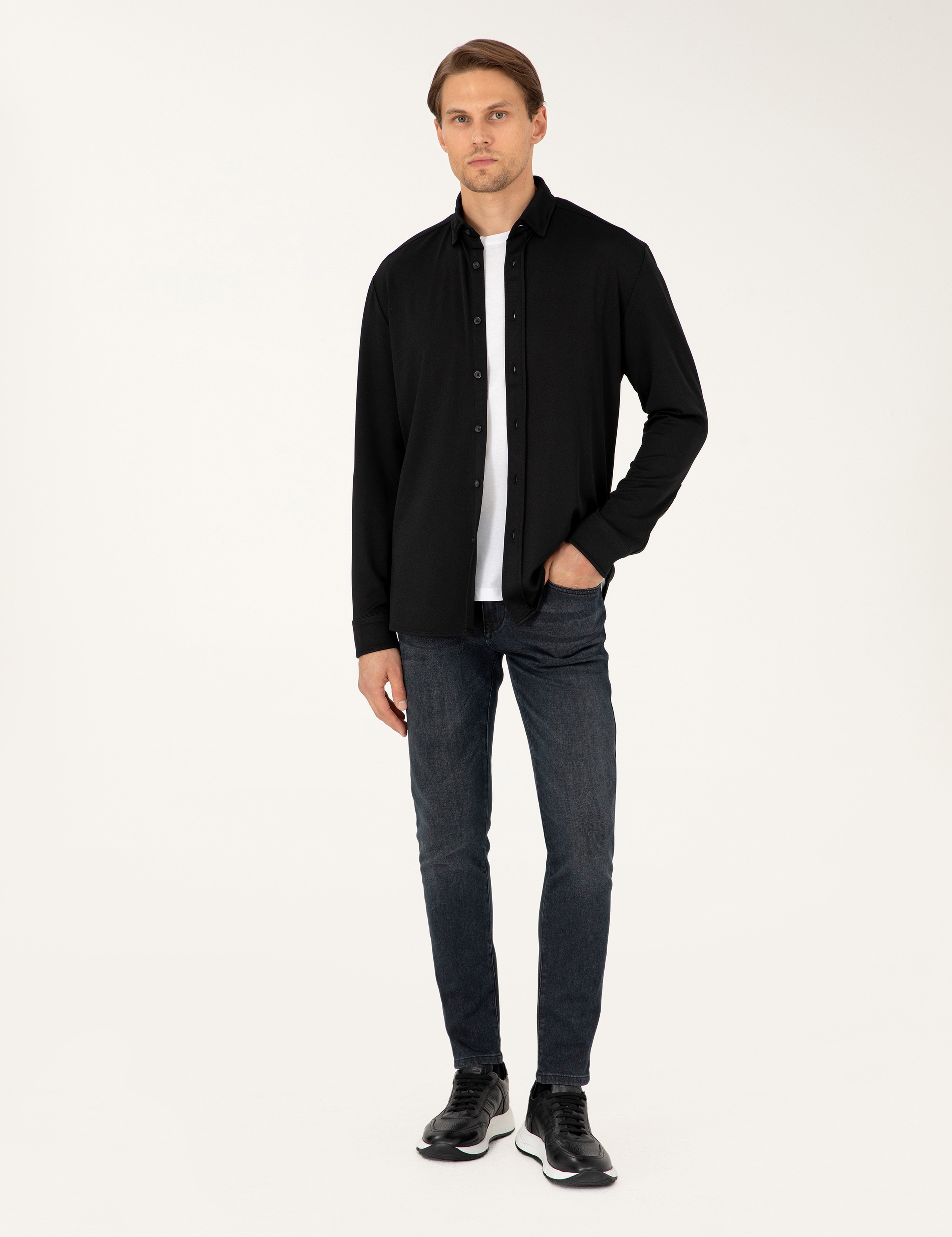 Siyah Slim Fit Örme Gömlek - Image 4